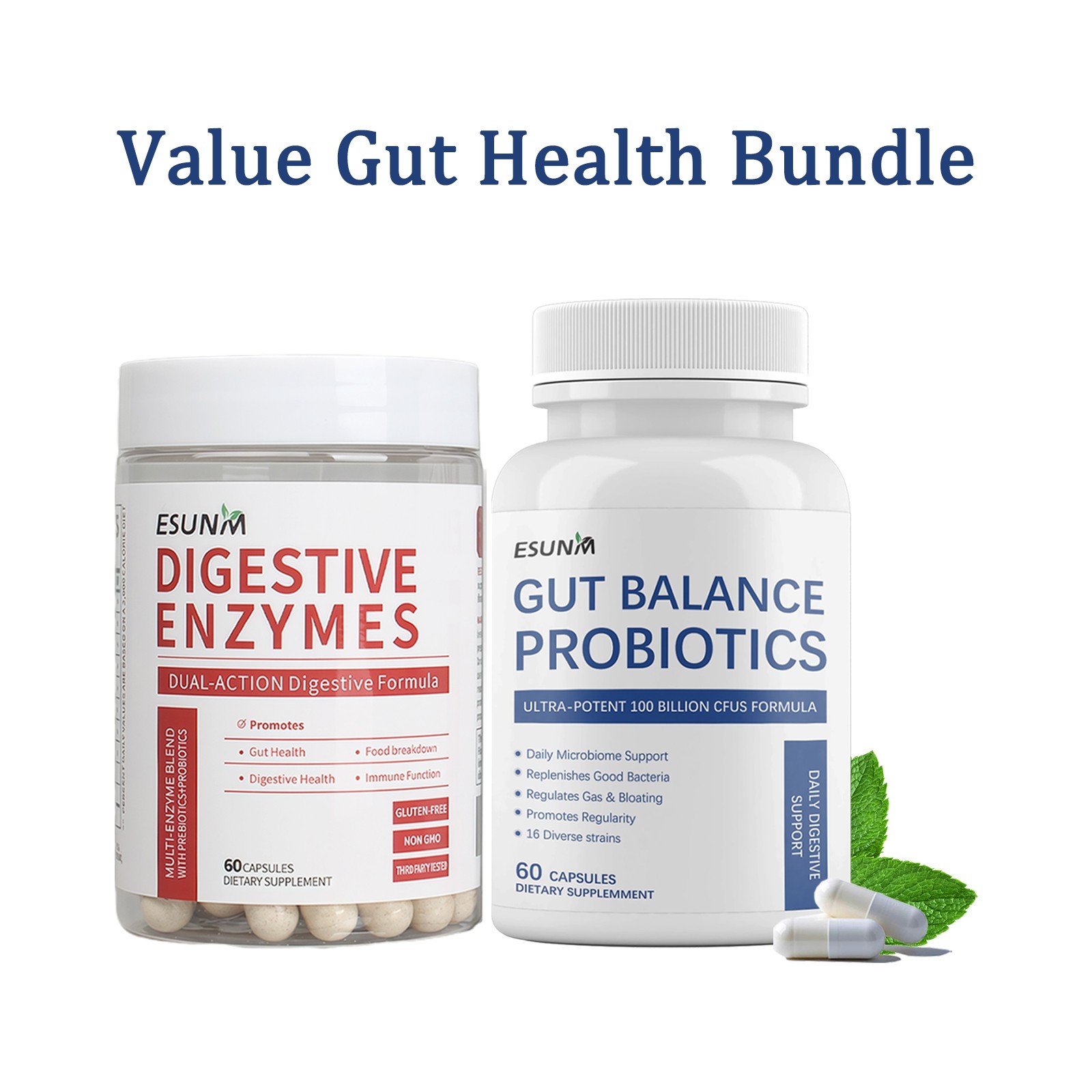 ESUNM Value Digestive Bundle: Digestive Enzymes 60ct + Probiotics 60ct