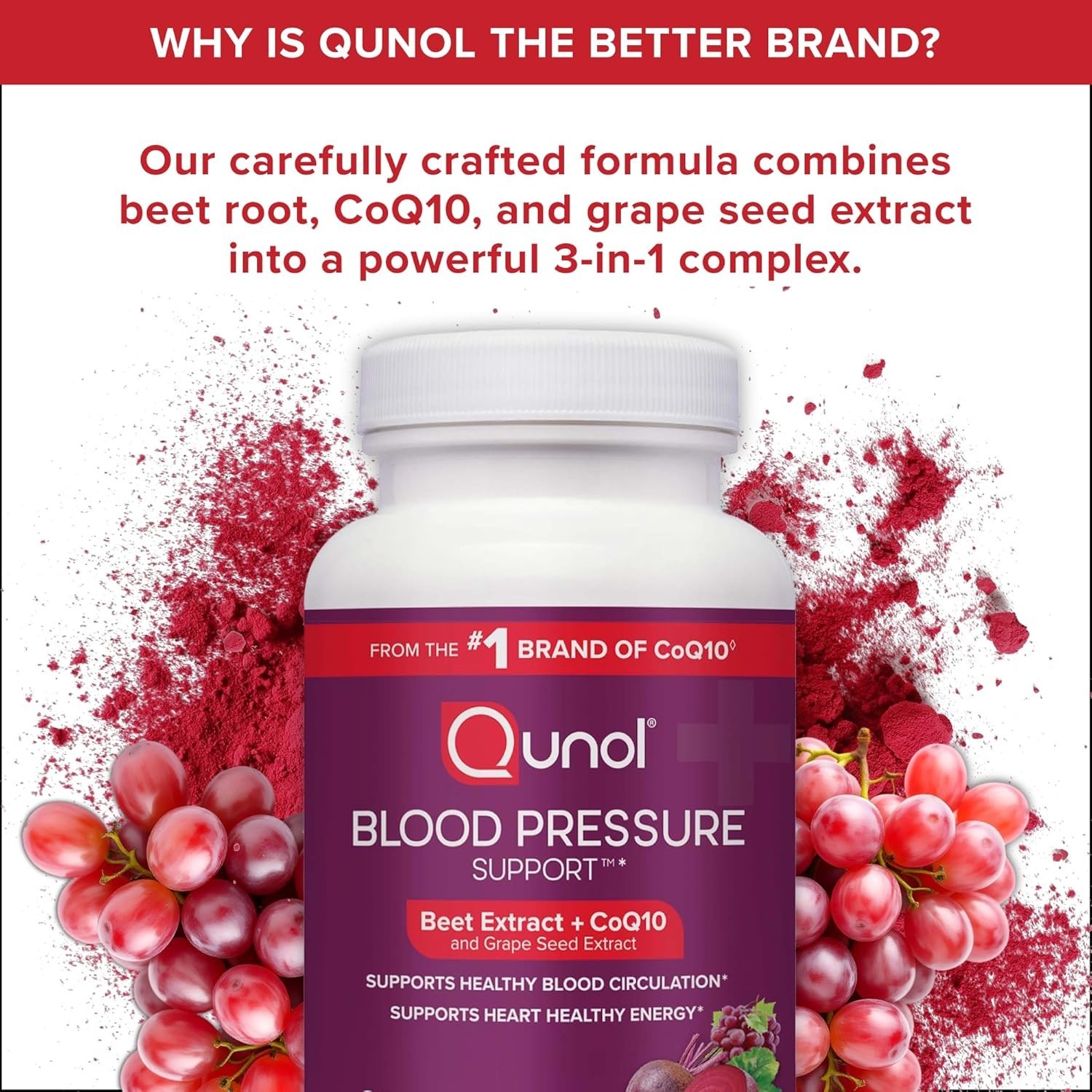 Qunol Blood Pressure Support, 3 in 1 Beets + CoQ10 + 120 Count (Pack of 1)