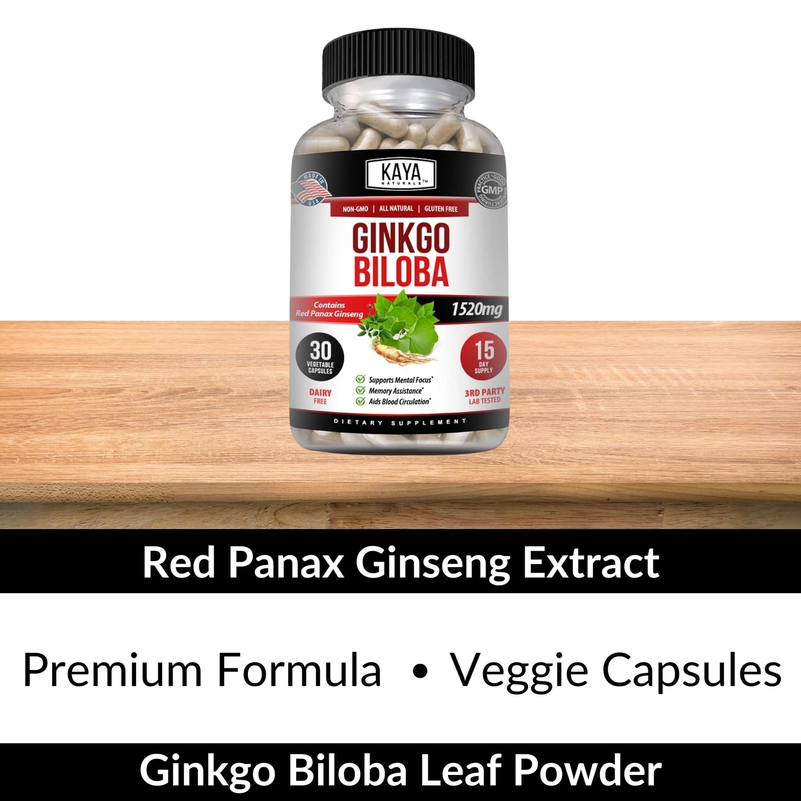 Kaya Naturals Red Panax Ginseng + Ginkgo Biloba – Nootropic Brain Supplement – C