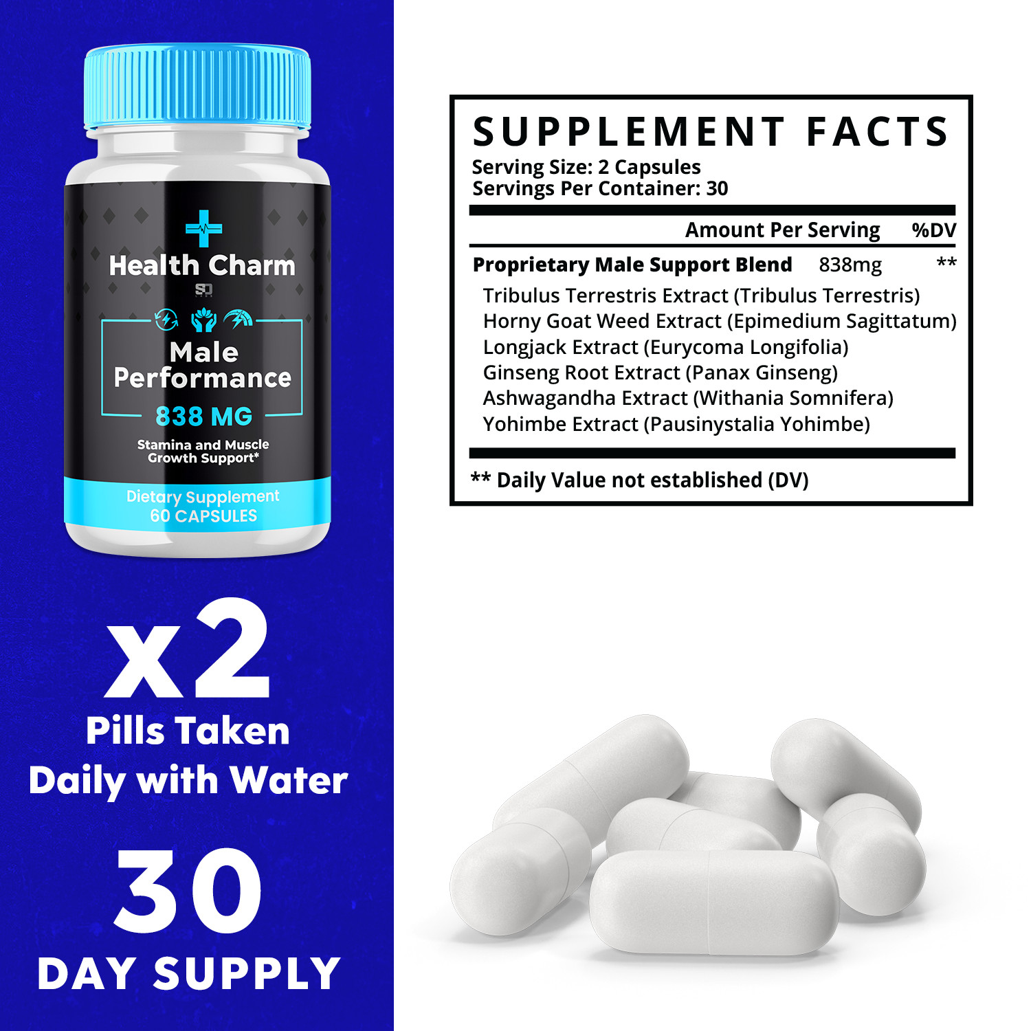 (2 Pack) Health Charm Male Pills – Maximize Energy, Vitality & Stamina 120 Pills