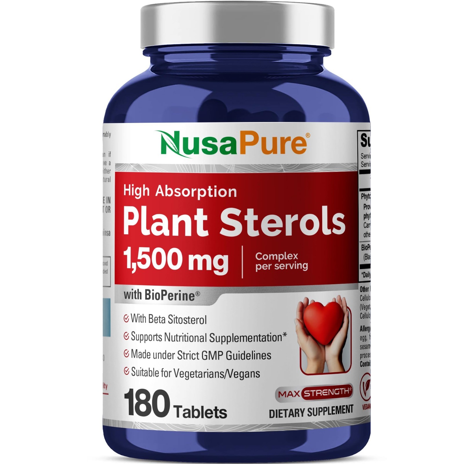 Plant Sterols 1500mg – 180 Vegan Tablets, Non-GMO, Beta Sitosterol & Bioperine