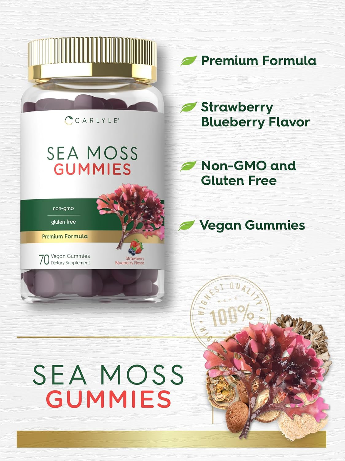 Sea Moss Gummies | 70 Count | Strawberry Blueberry Flavor | Vegan, Non-Gmo, Glut