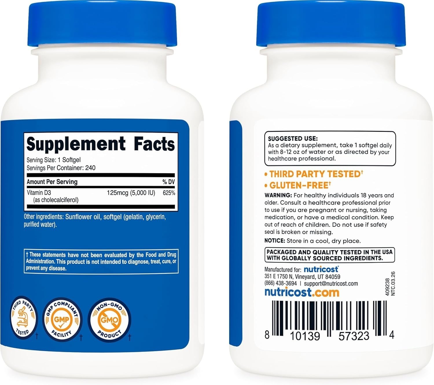 Nutricost Vitamin D3 5000 IU 240 Softgels High Potency Bone Support Gluten Free
