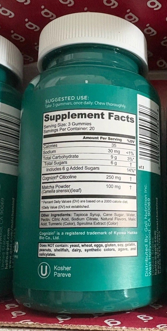 Goli Nutrition Matcha Cognizin Cognitive Support Gummies 1 Pk 60 Count Ea 12/27