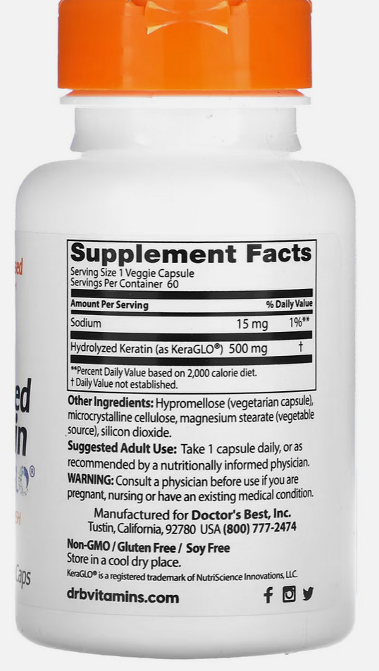 Doctor’s Best Hydrolyzed Keratin Keraglo, Nourish Hair, 60ct EXP 06/2026