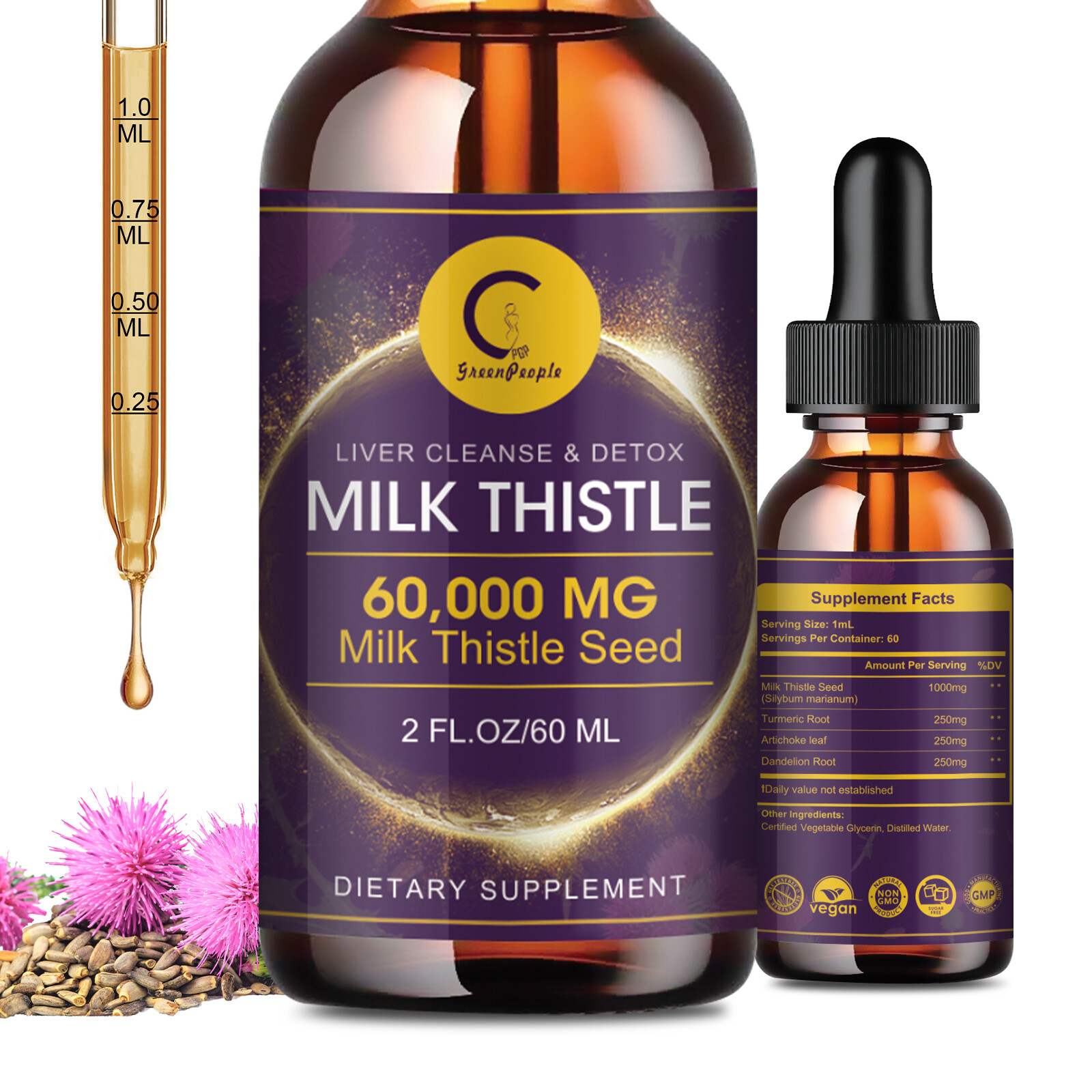 Milk Thistle Liquid Drops Silymarin 1000mg, Liver Supplement Detox & Cleanse
