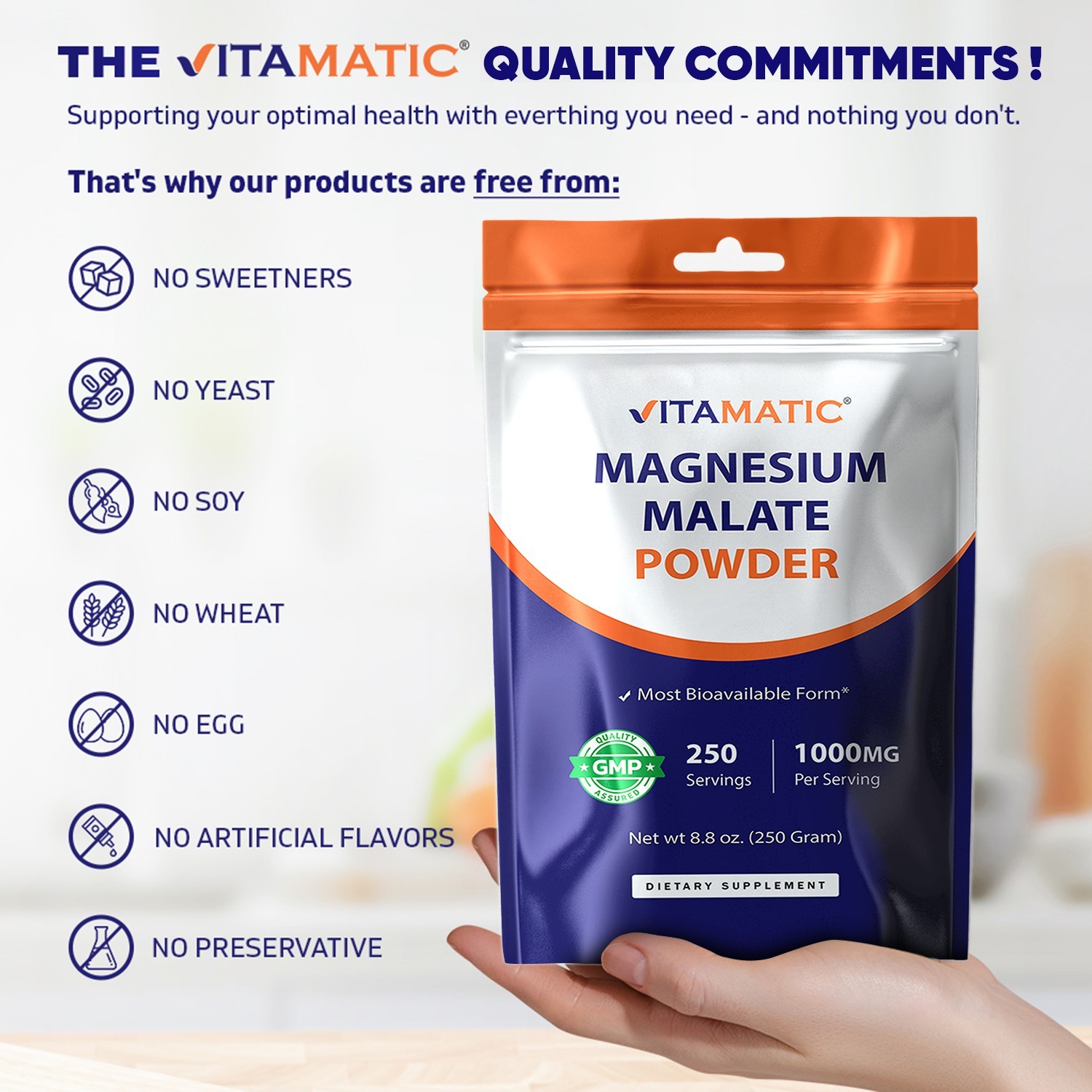 Vitamatic Magnesium Malate 1000mg per Serving – 250 Grams – 250 Servings