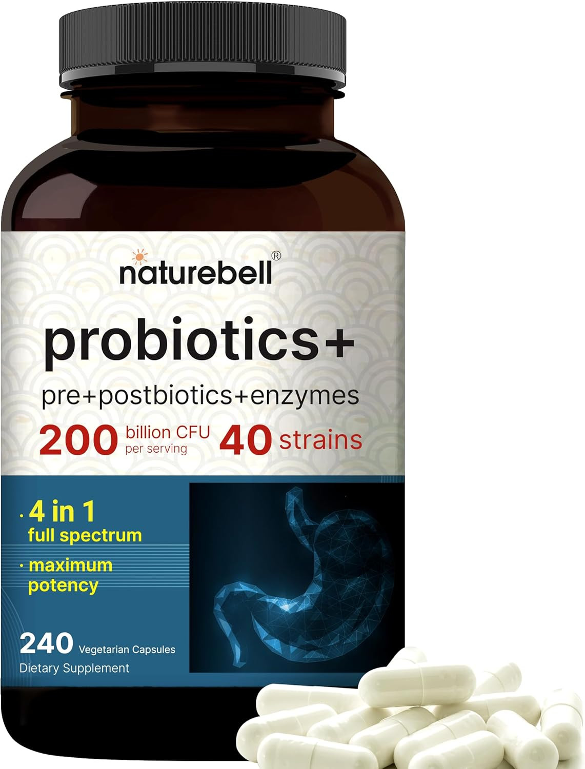 Naturebell Probiotic 200 Billion CFU – 40 Strains per Serving | 240 Veggie Capsu