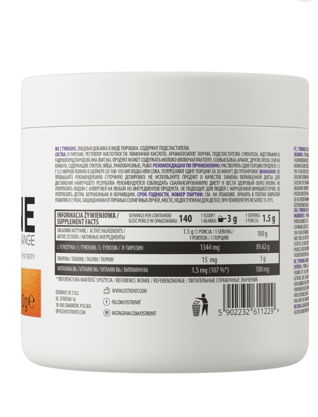 OstroVit Tyrosine 210g-7.1fl.oz orange flavor, powder