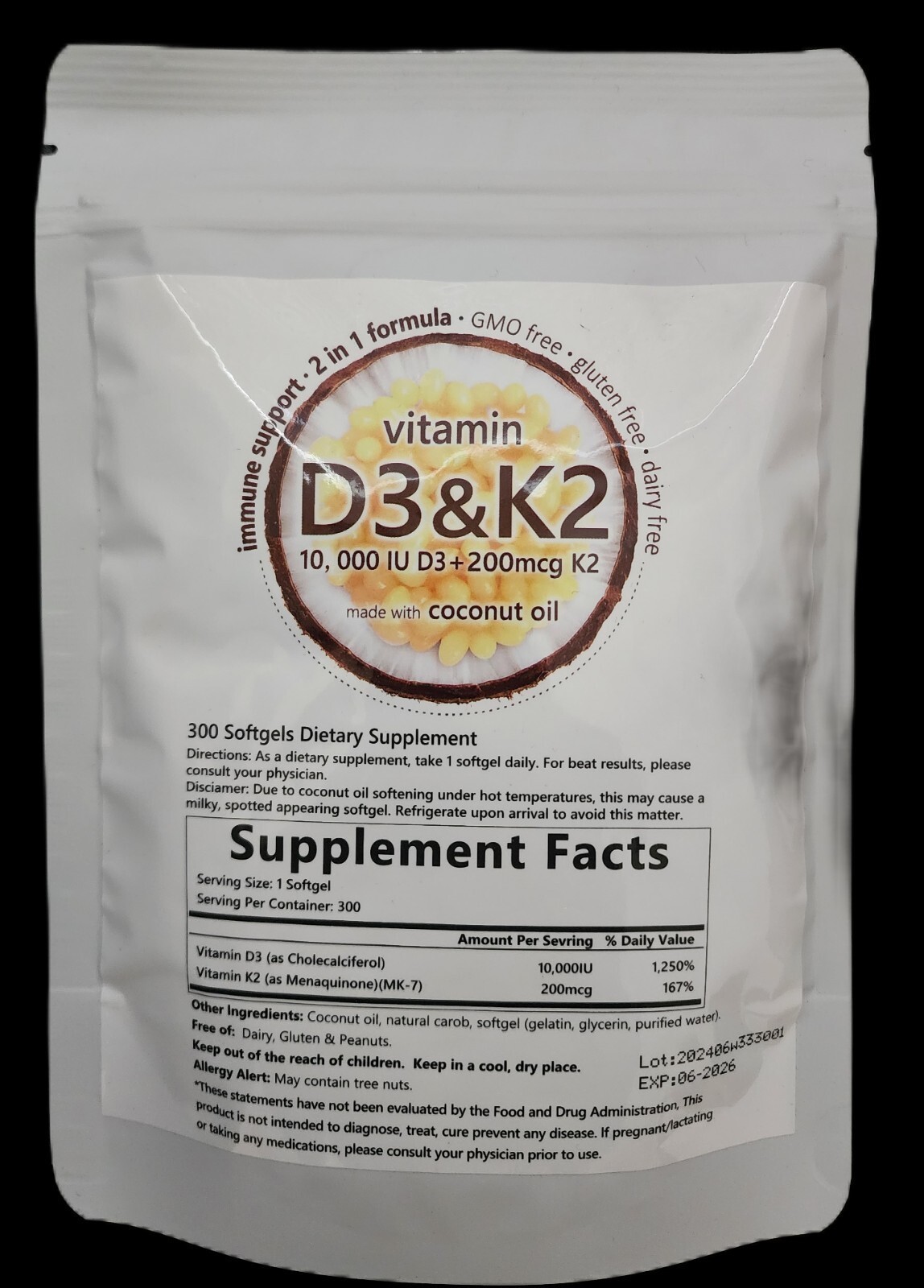 Vitamin D3 10000 iu Plus K2 MK-7 200 mcg 300 Virgin Coconut Oil Softge LOT NEW