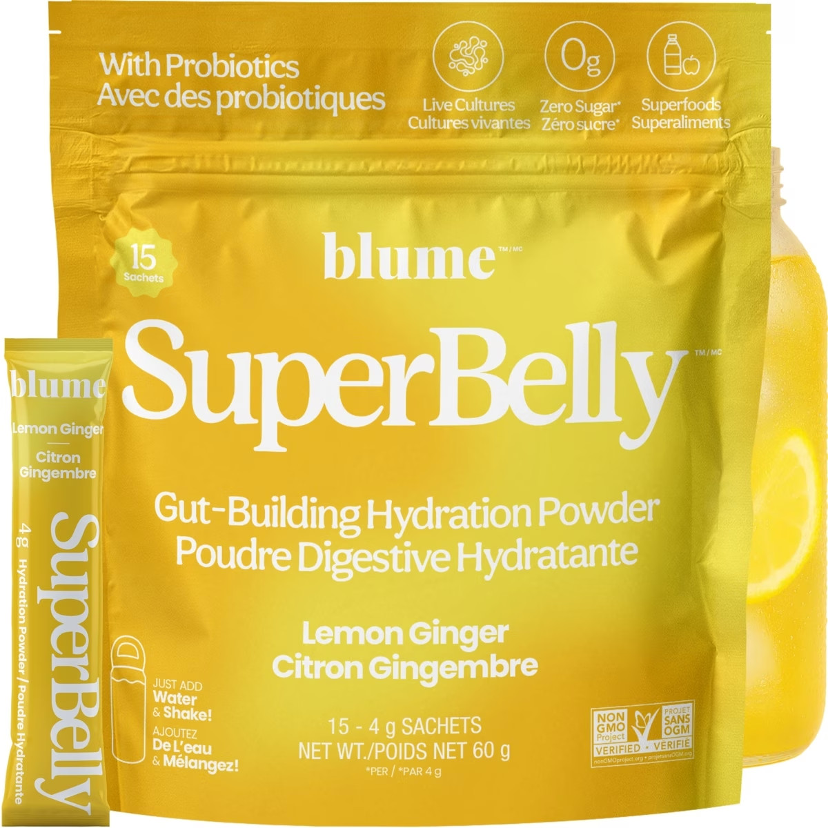 Blume SuperBelly Hydration Powder Lemon Ginger Flavor Gut Build 15x 4g ea NEW