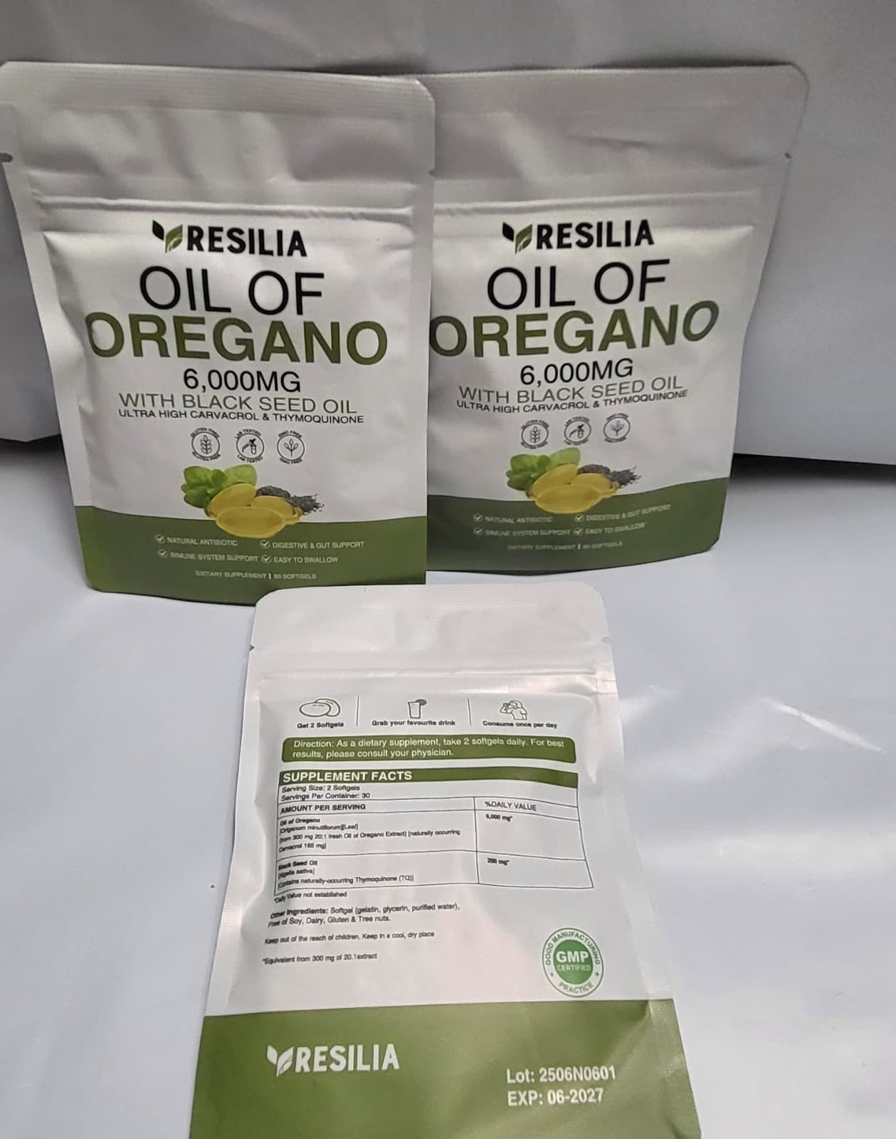 2 Sealed Resilia Oil Of Oregano 6,000 Mg, With Black Seed Oil, 60 Softgels Each