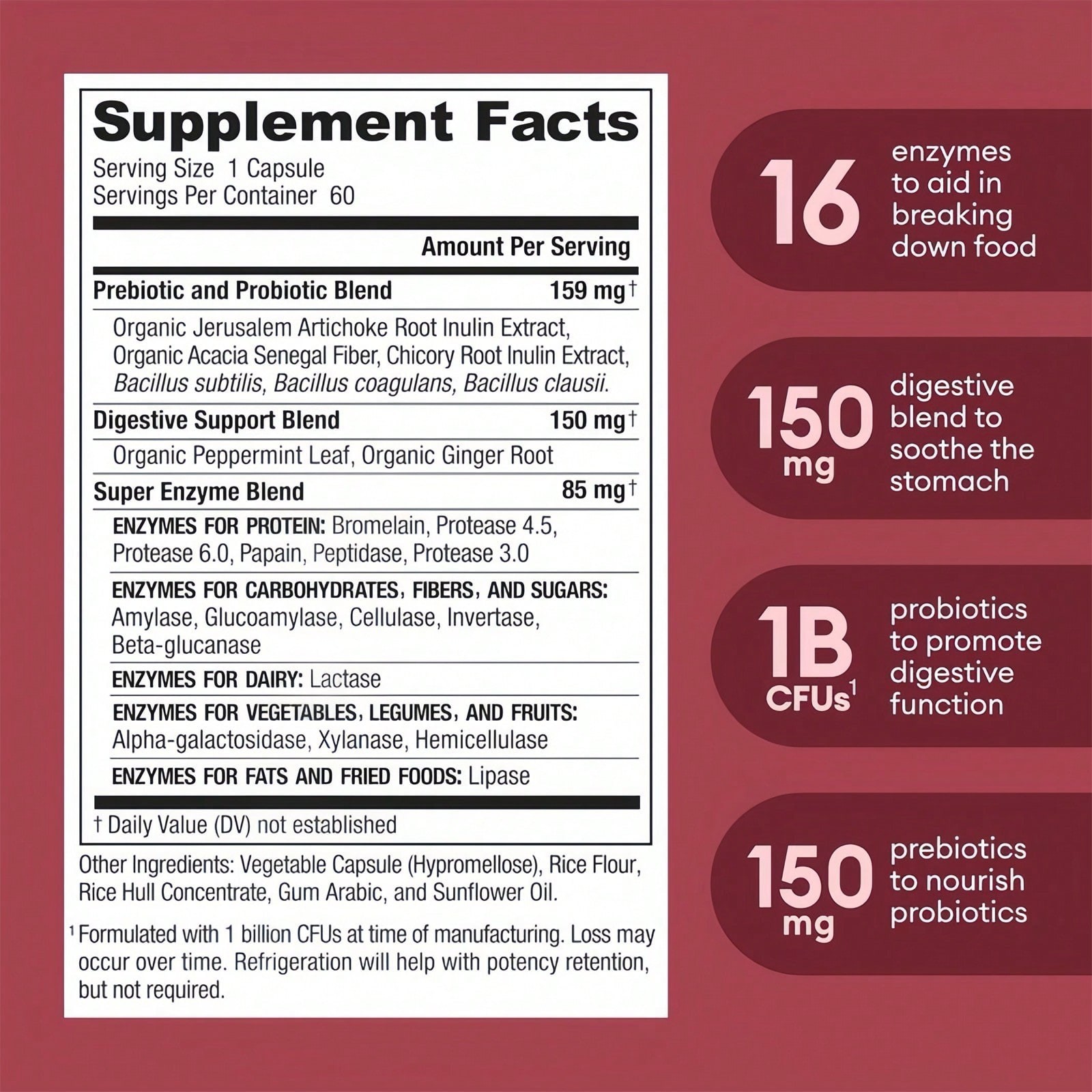 ESUNM Digestive Enzymes,With Prebiotics Probiotics,Dietary Supplement 60ct