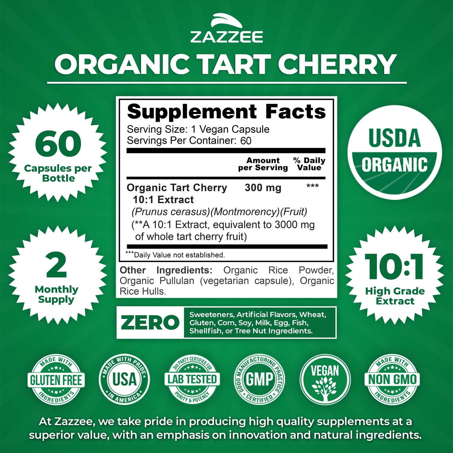 Zazzee USDA Organic Tart Cherry 10:1 Extract, 60 Vegan Capsules, 2 Month Supply