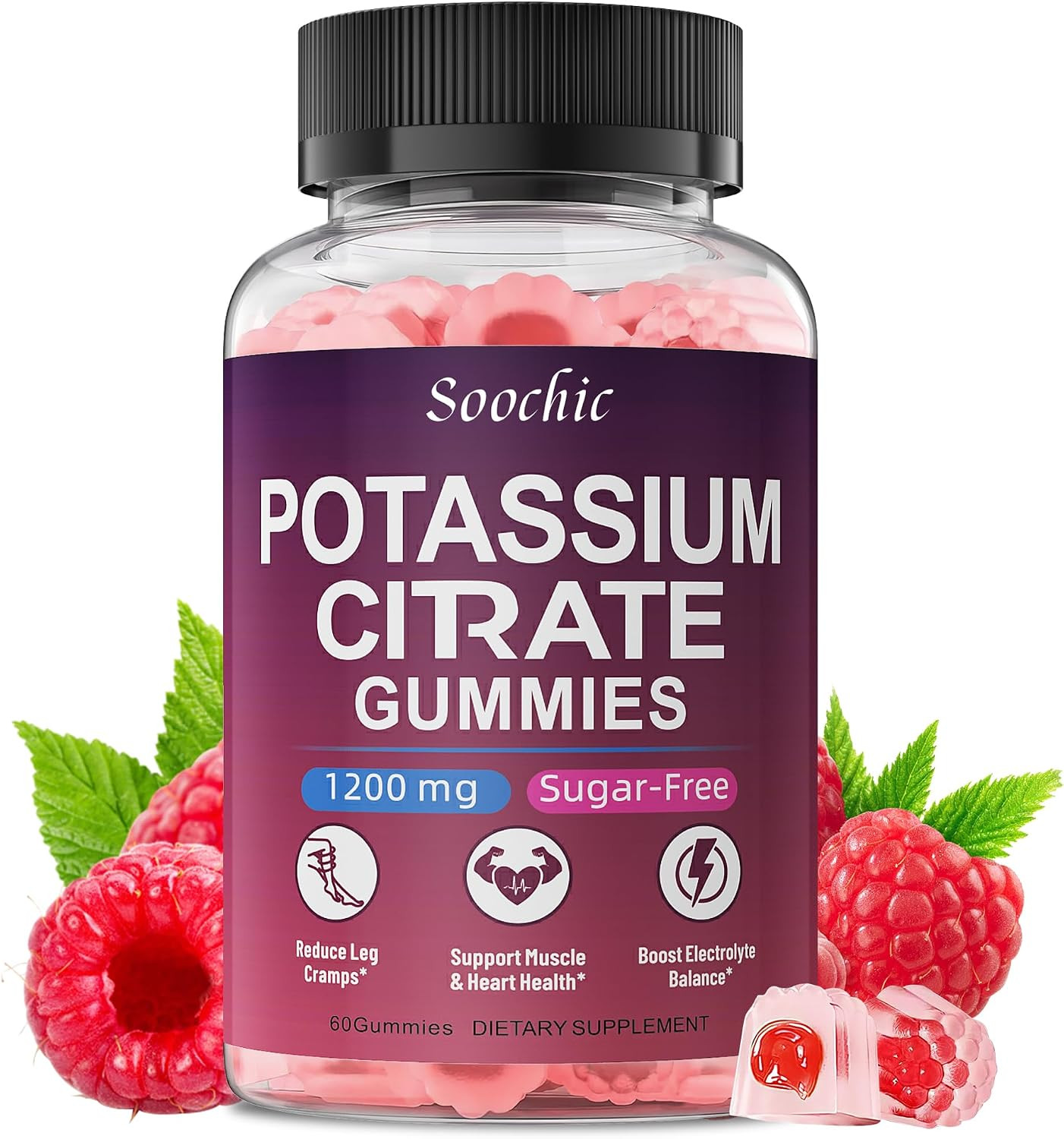 Potassium Citrate Gummies 1200mg Sugar Free Vegan Raspberry Flavor 60 Count