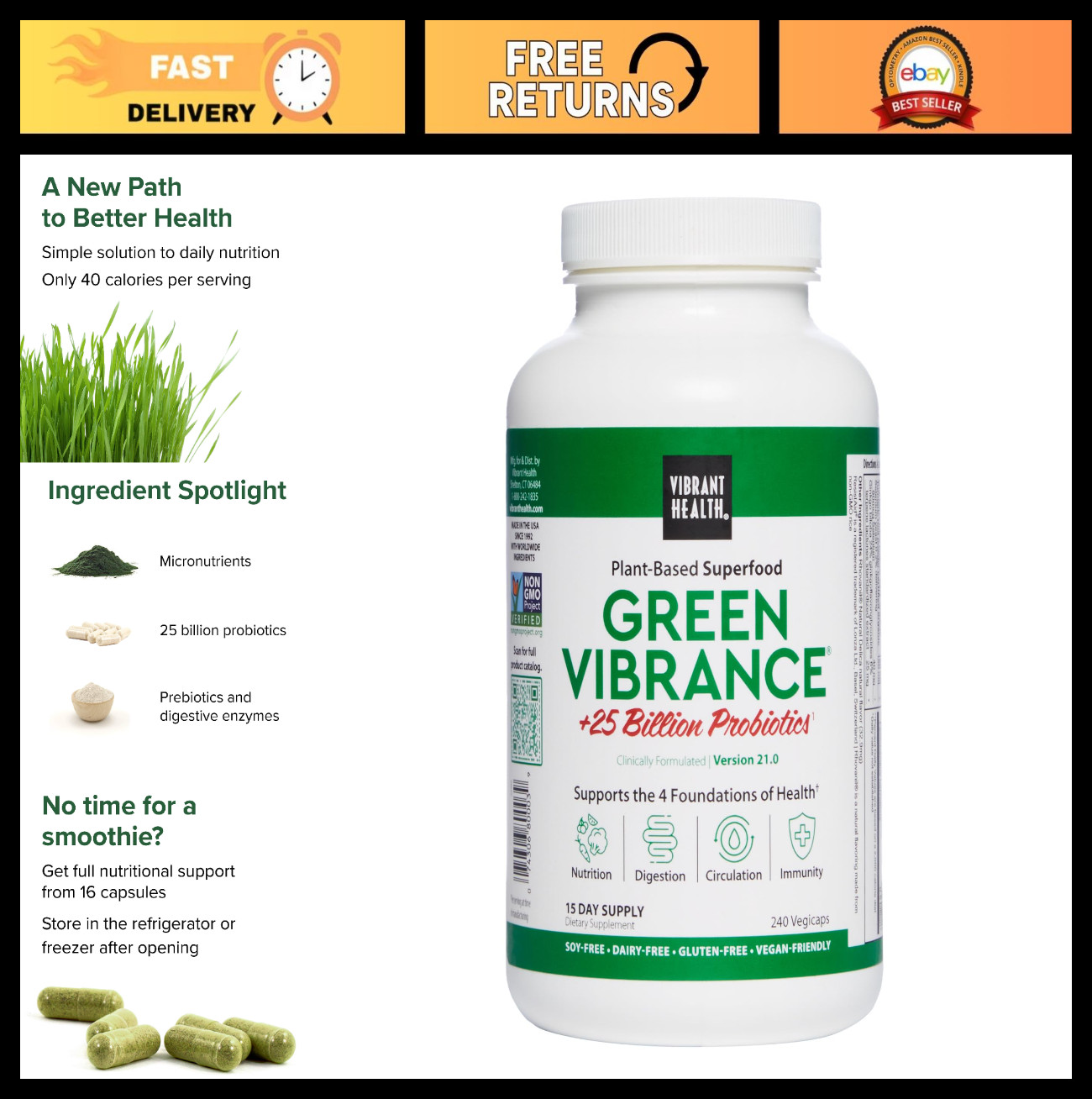Vegan Superfood Capsules, Green Vibrance, 240 Count, Nutrient-Rich Health Boost