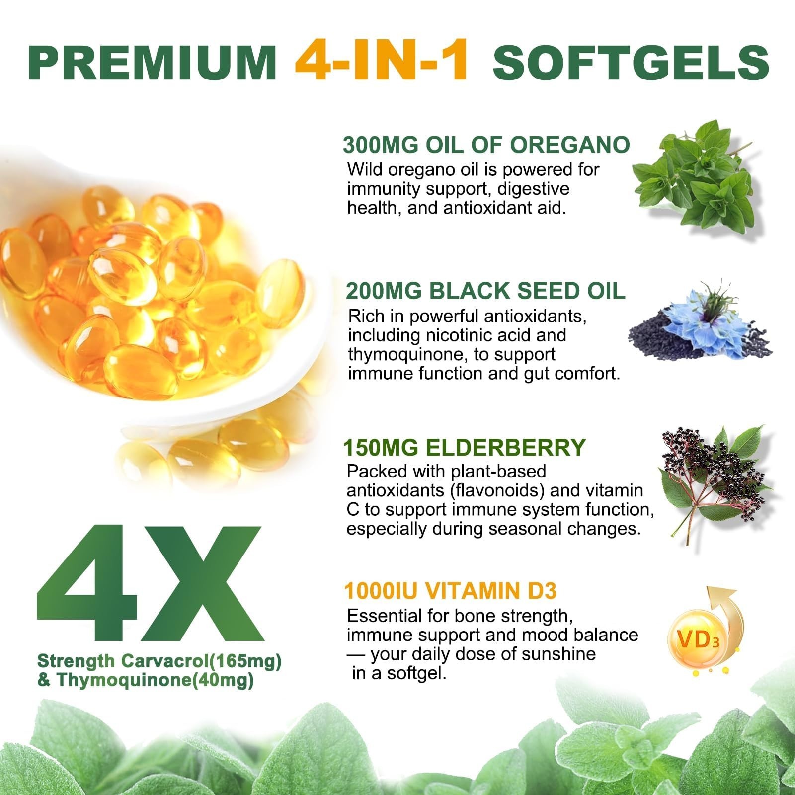 Organic Oregano Oil & Black Seed Oil Softgels, Immune Support, 300 Count, Non-GM