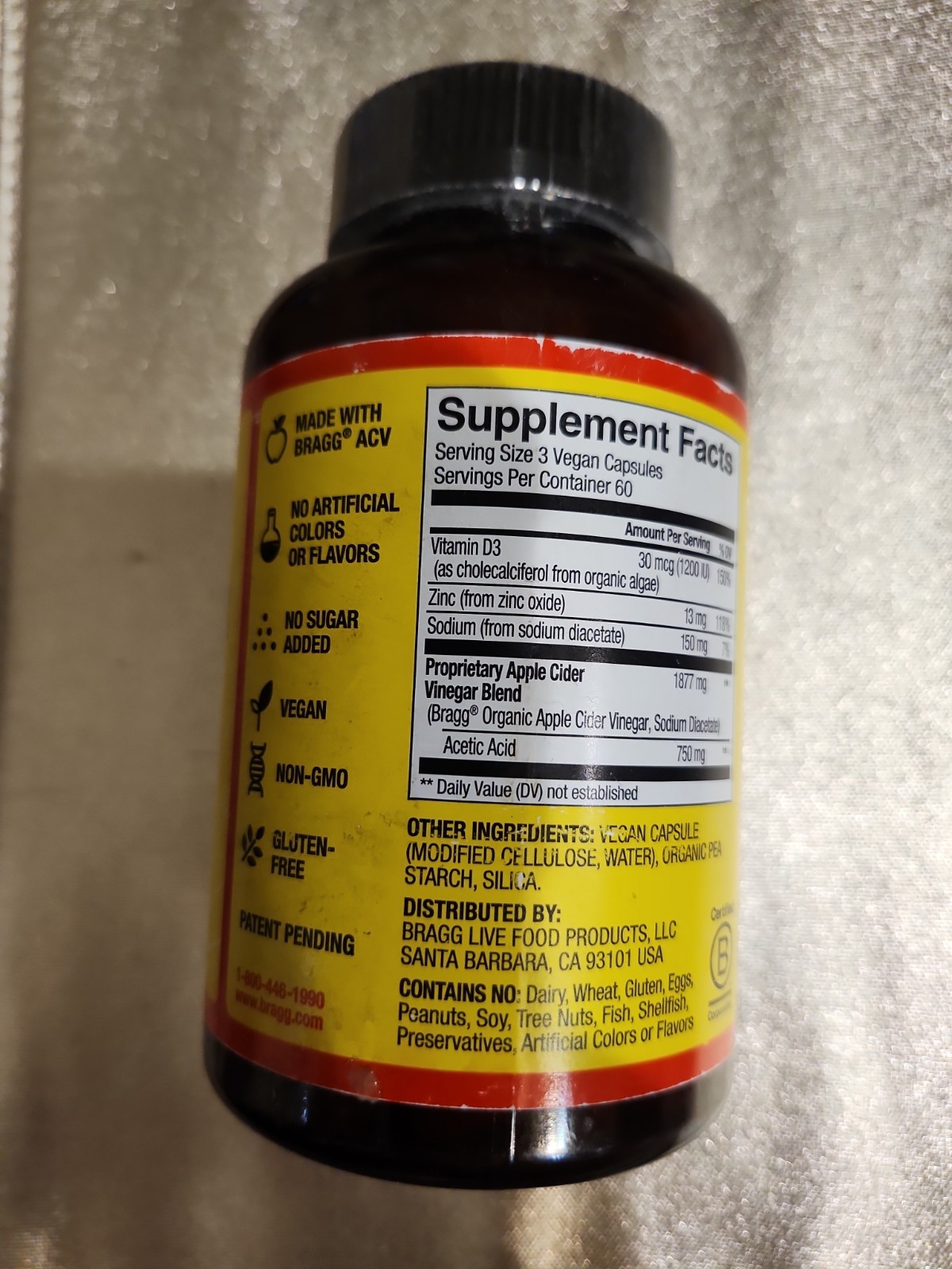 Bragg Apple Cider Vinegar Supplement Capsules – 180 Count – 750MG – Exp. 06/2028