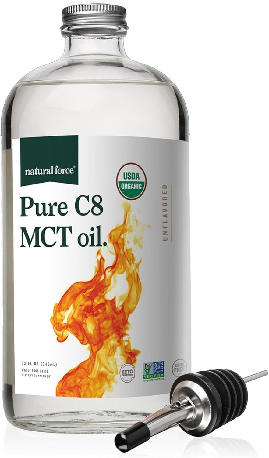 Natural Force Organic Pure C8 MCT Oil – Liquid MCT Oil in Glass Bottle, 16 Ounce