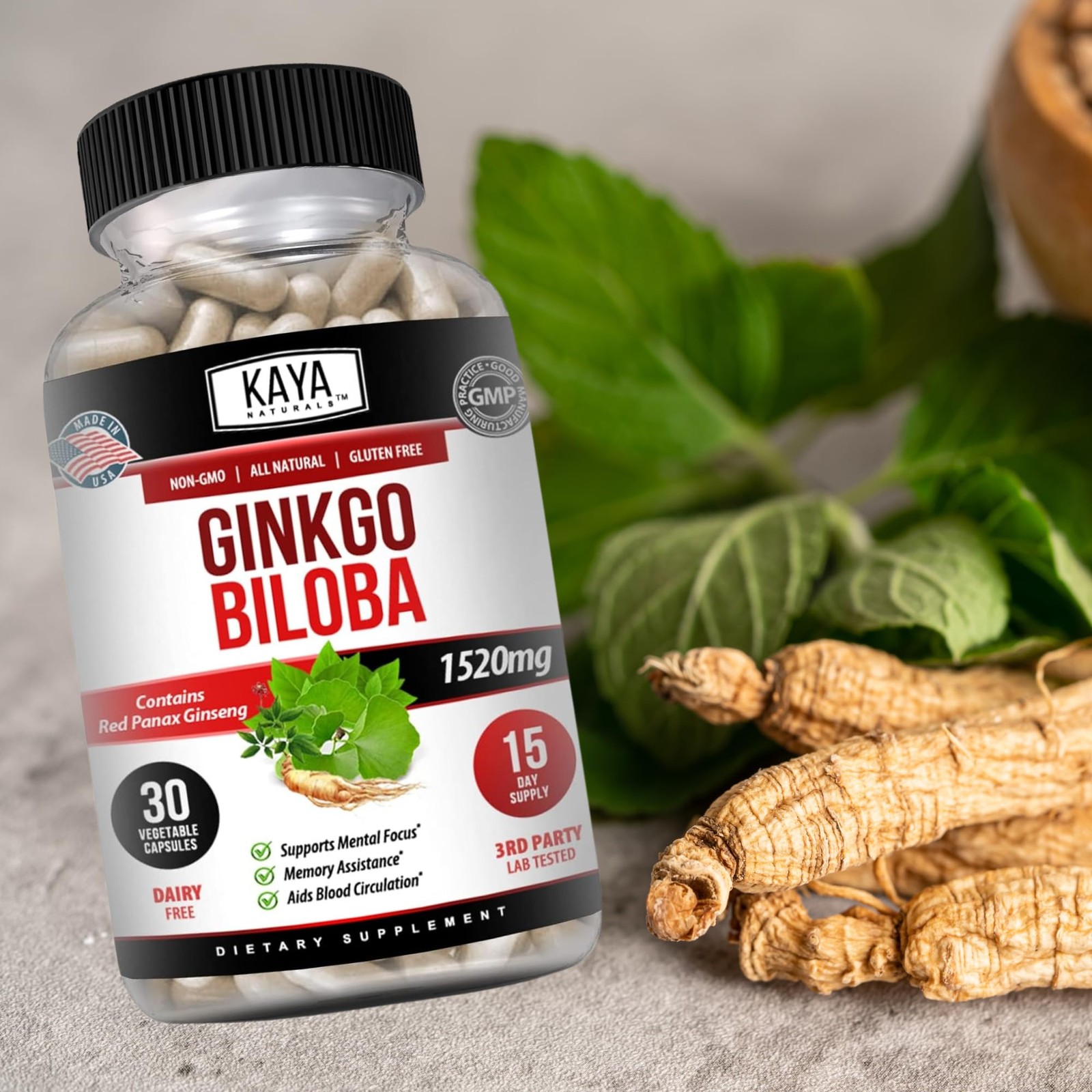 Kaya Naturals Red Panax Ginseng + Ginkgo Biloba – Nootropic Brain Supplement – C