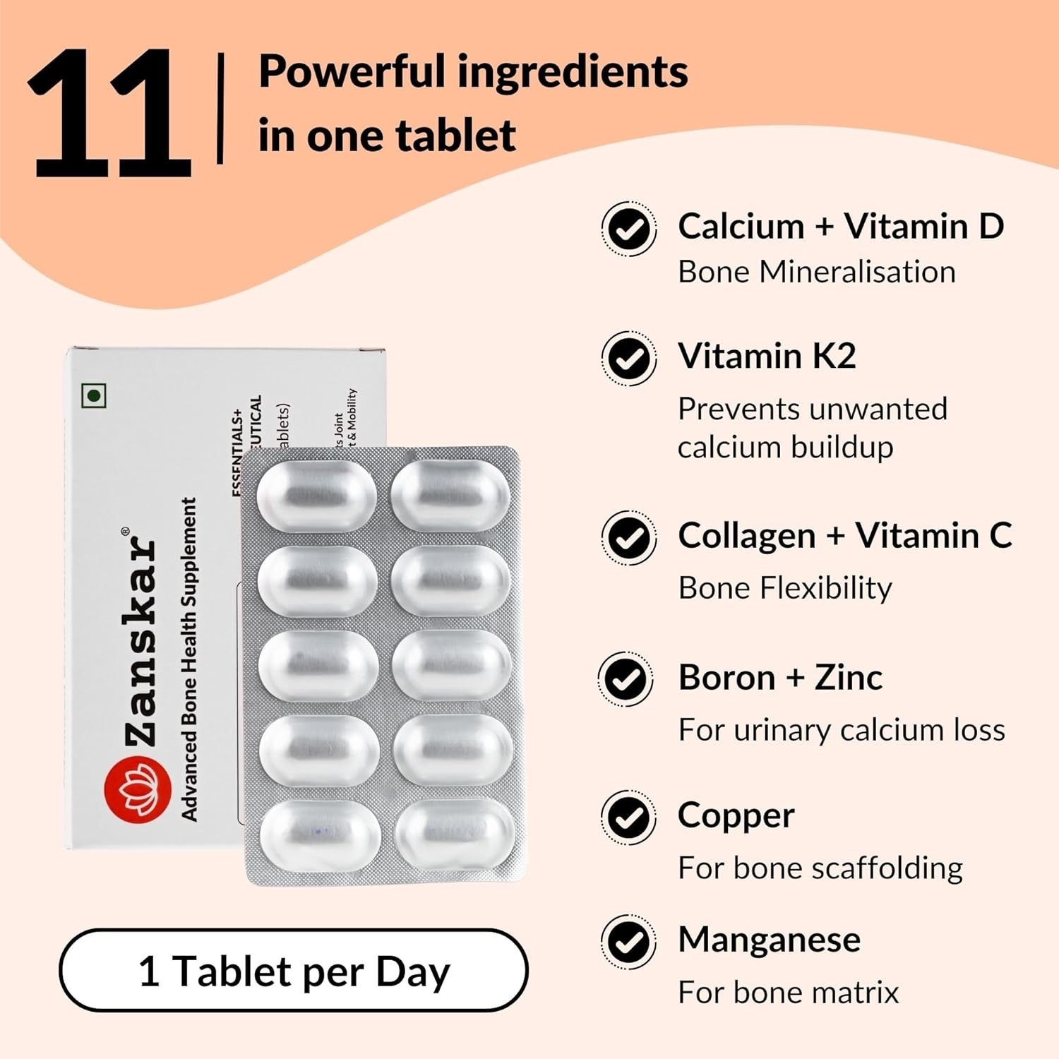Zans.kar Bone Health Calcium D3 K2 Tablets 30 Count