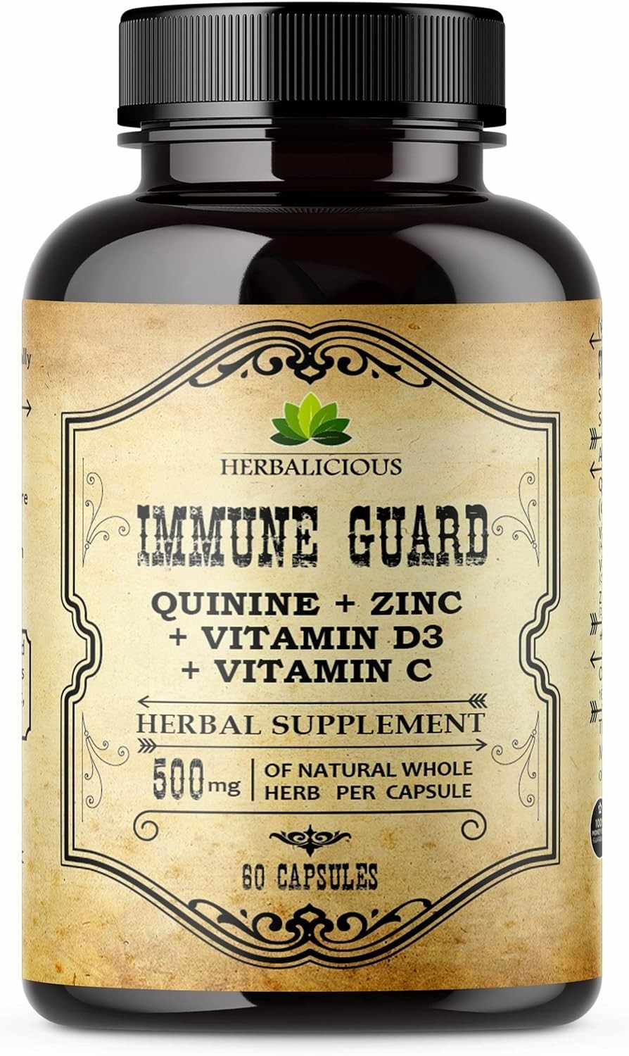Quinine Immune Guard 500 mg con Vitamina C, D3 y Zinc, 60 Cápsulas