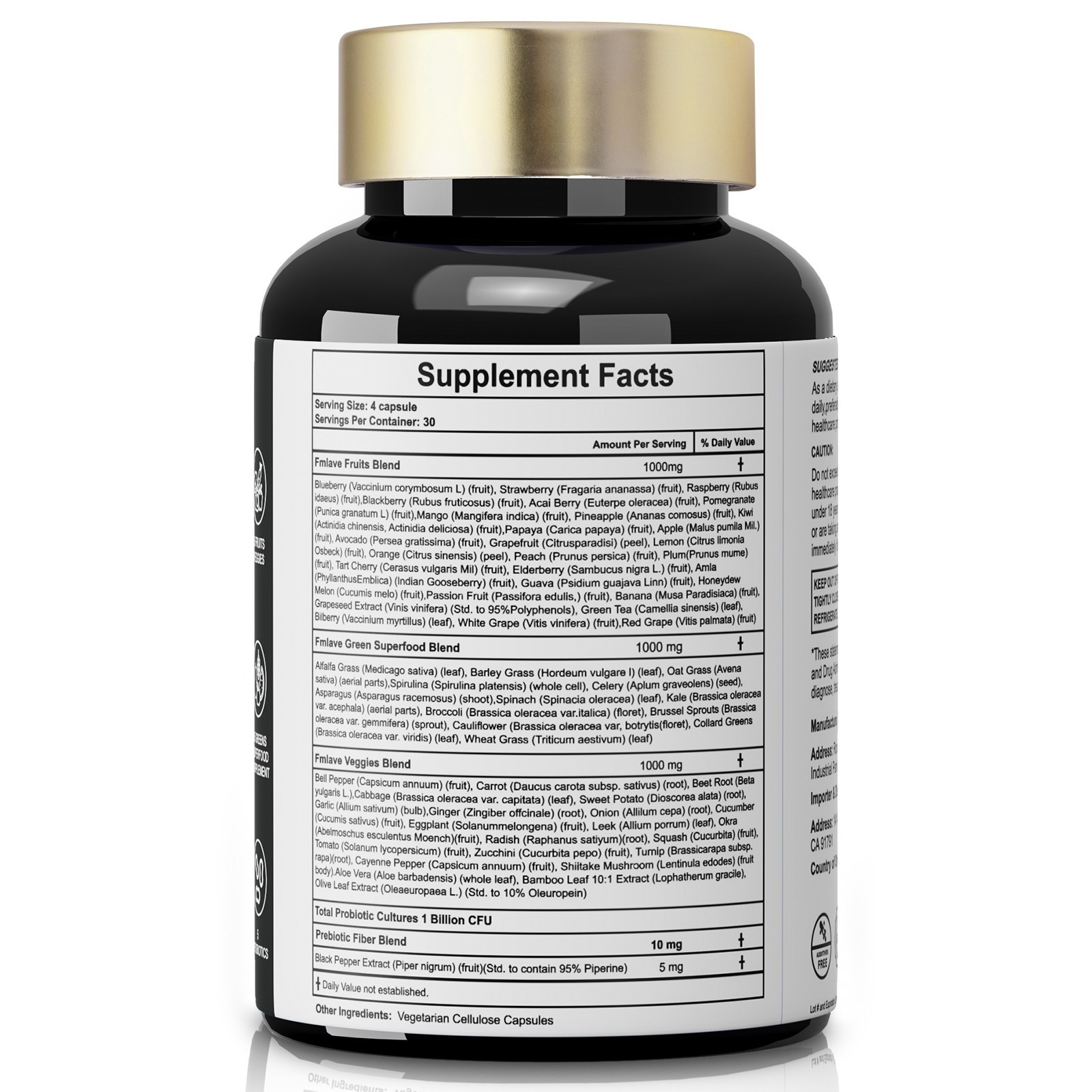 4pc 70 Fruits and Veggies Whole Food Supplement, Superfood & 5 Probiotic Strains