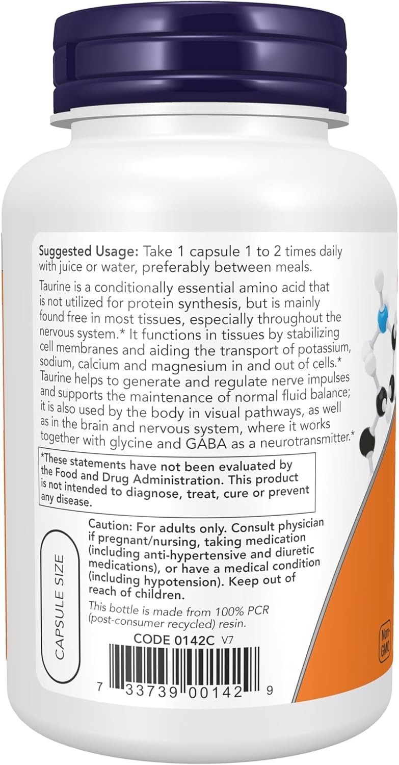 NOW Foods Taurine 1000mg Double Strength 100 Veg Capsules Nervous System