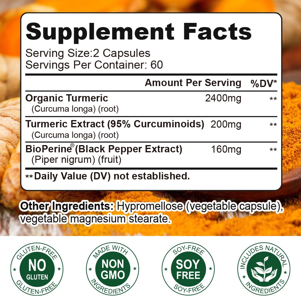 Turmeric Curcumin 2600mg w/ BioPerine Black Pepper Triple Strength Capsules