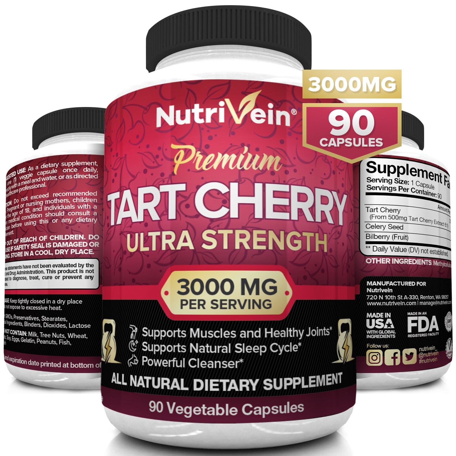 Nutrivein Tart Cherry Capsules 3000mg – 90 Vegan Pills – Supports Uric Acid