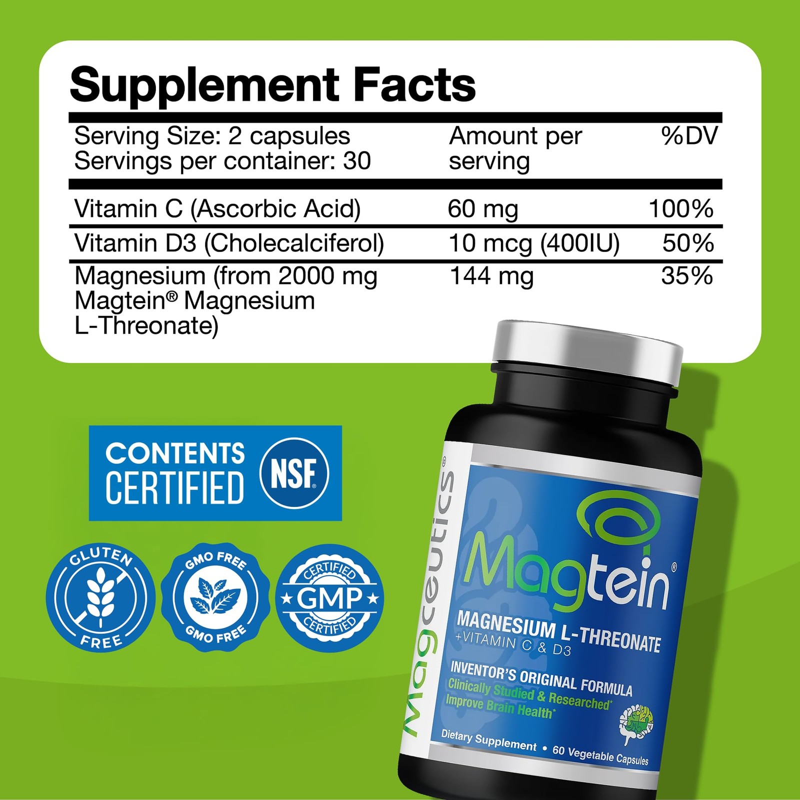 Magtein – Magnesium L-Threonate Supplement, Memory, 60 Count (Pack of 1)