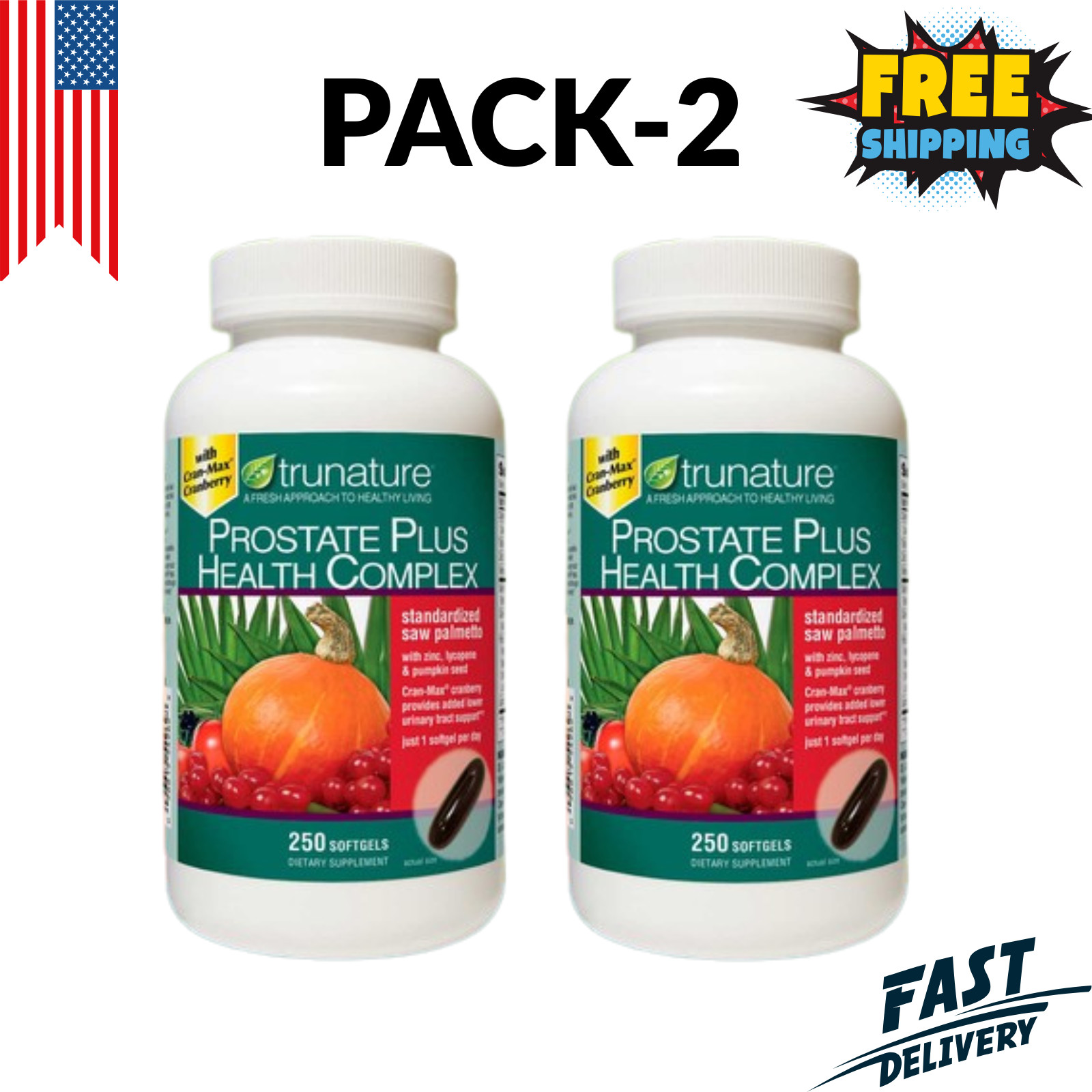 Pack of 2-trunature Prostate Plus Health Complex, 250 Softgels with Saw Palmento