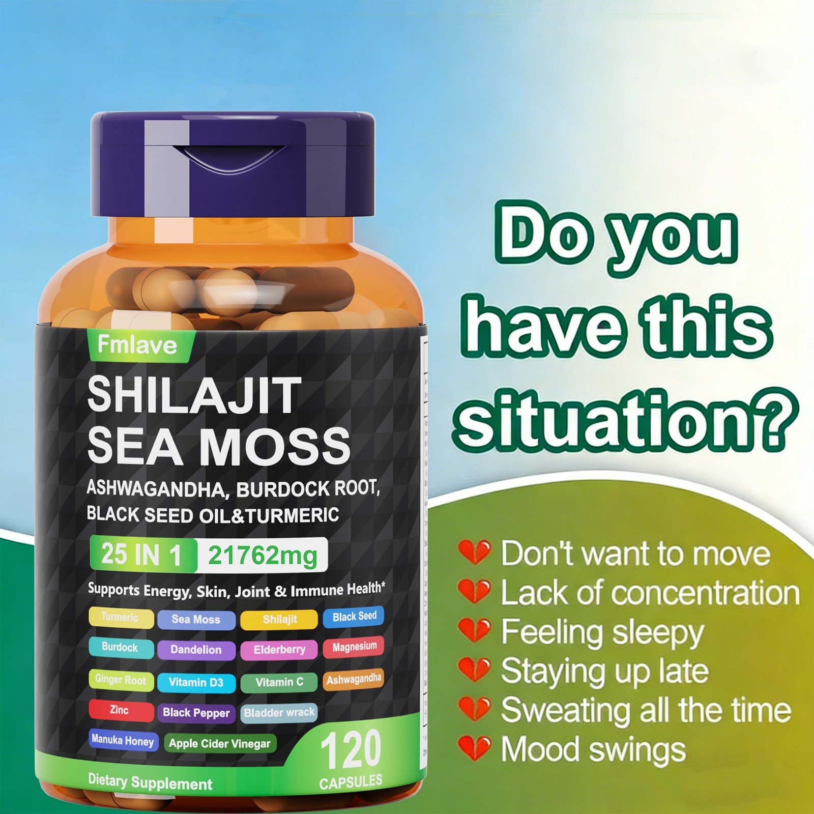 Shilajit Supplement 6000Mg, Sea Moss 6000Mg, Ashwagandha 1800Mg Turmeric 120caps