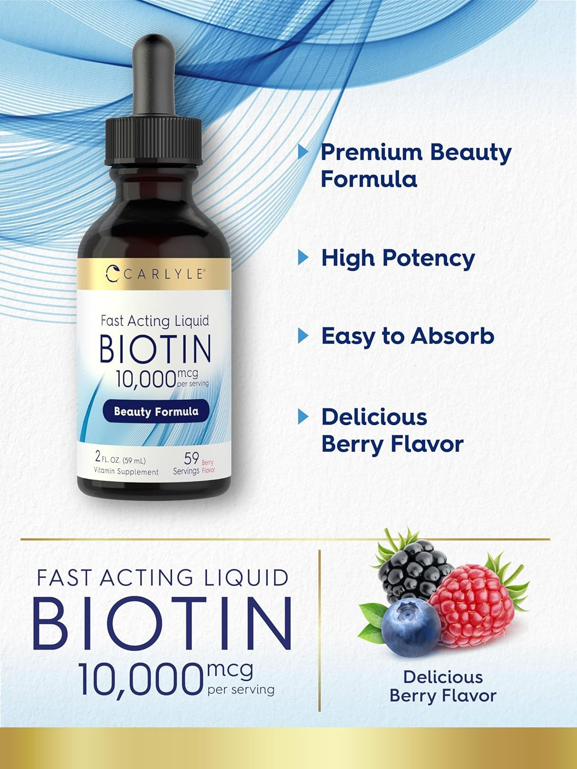 Liquid Biotin 10000mcg | Extra Strength Gel Drops | 2 oz | by Carlyle