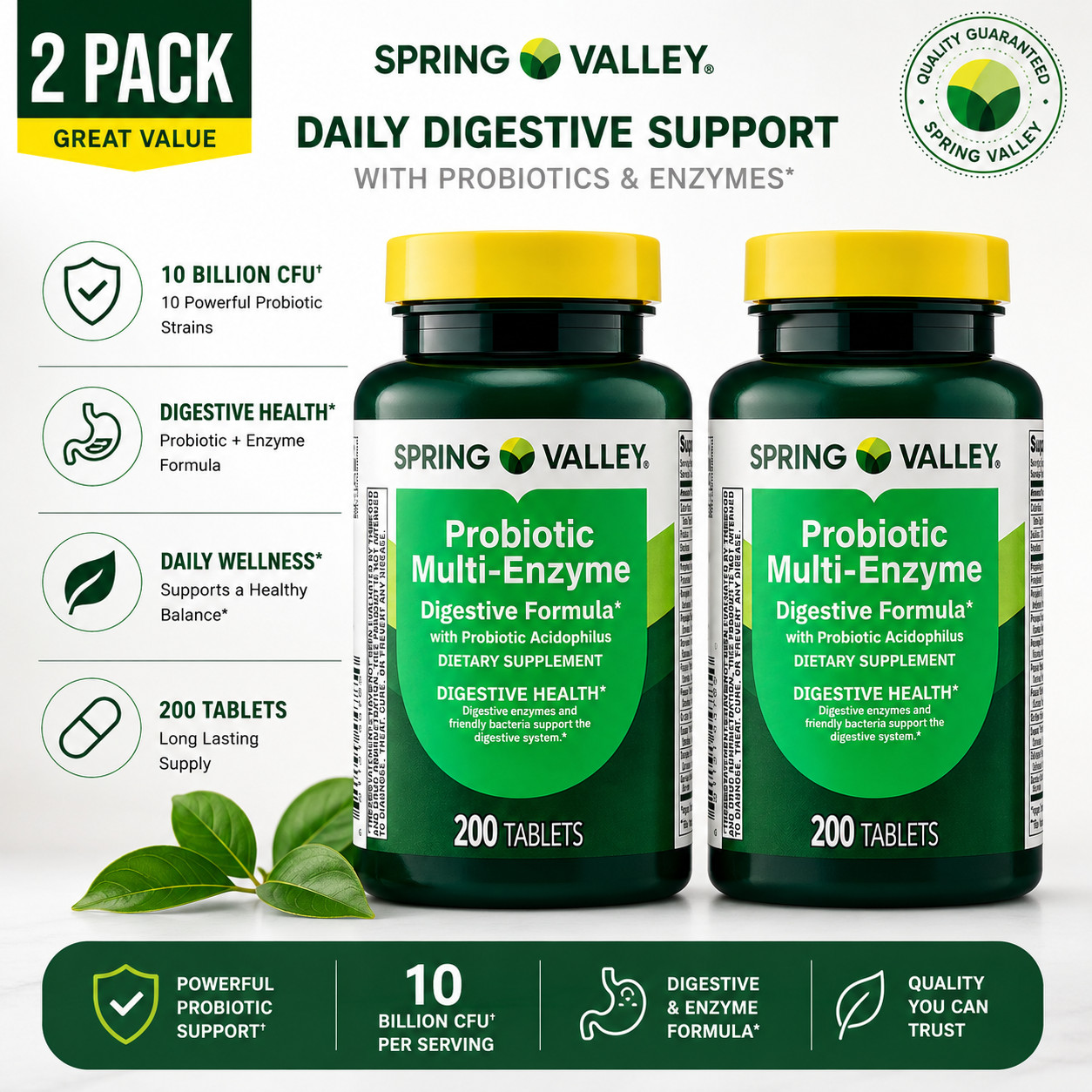 Spring Valley Probiotic Multi-Enzyme Digestive Formula 2 Pack 200 Tablets