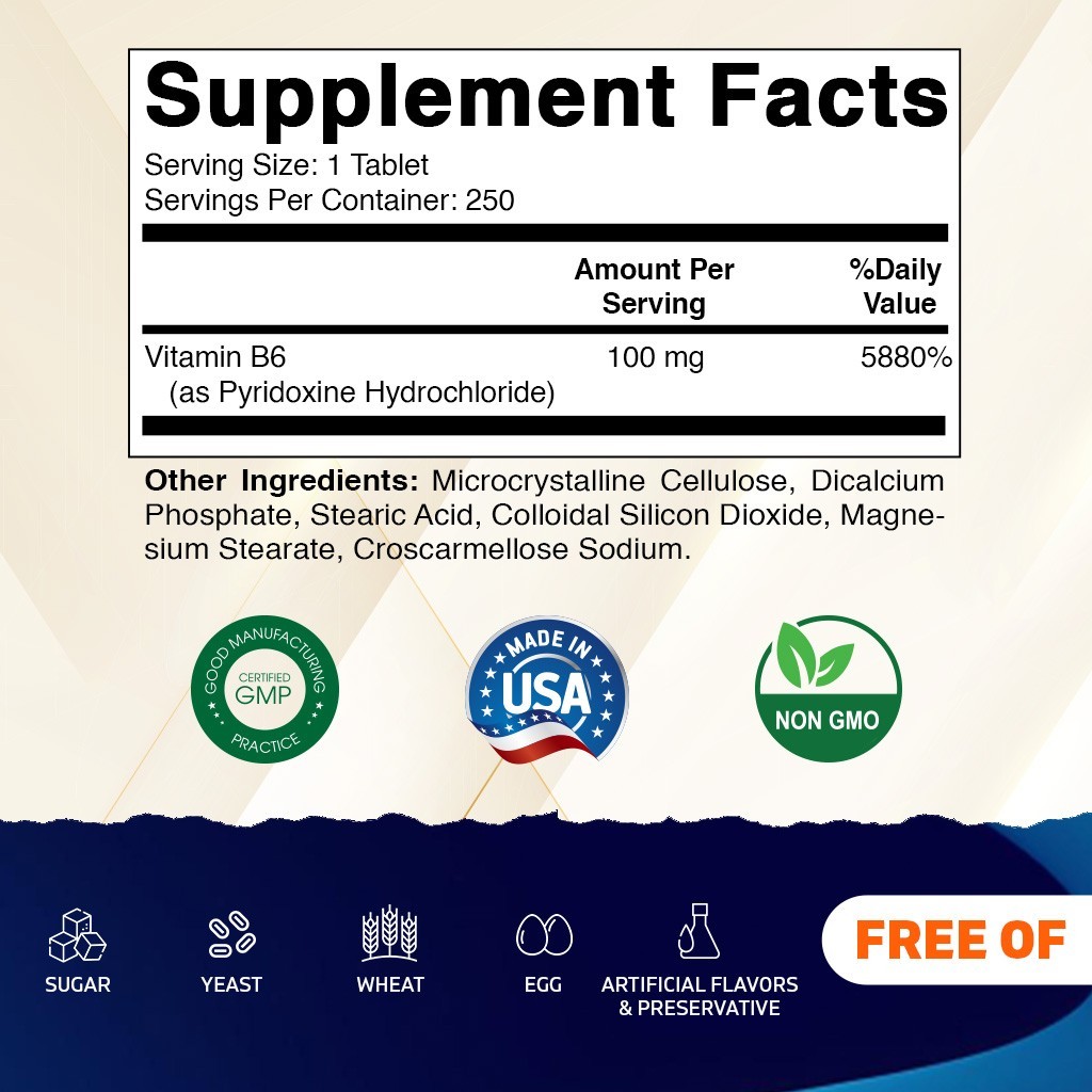 Vitamatic Vitamin B6 (Pyridoxine HCI), 100mg 250 Vegetarian Tablets