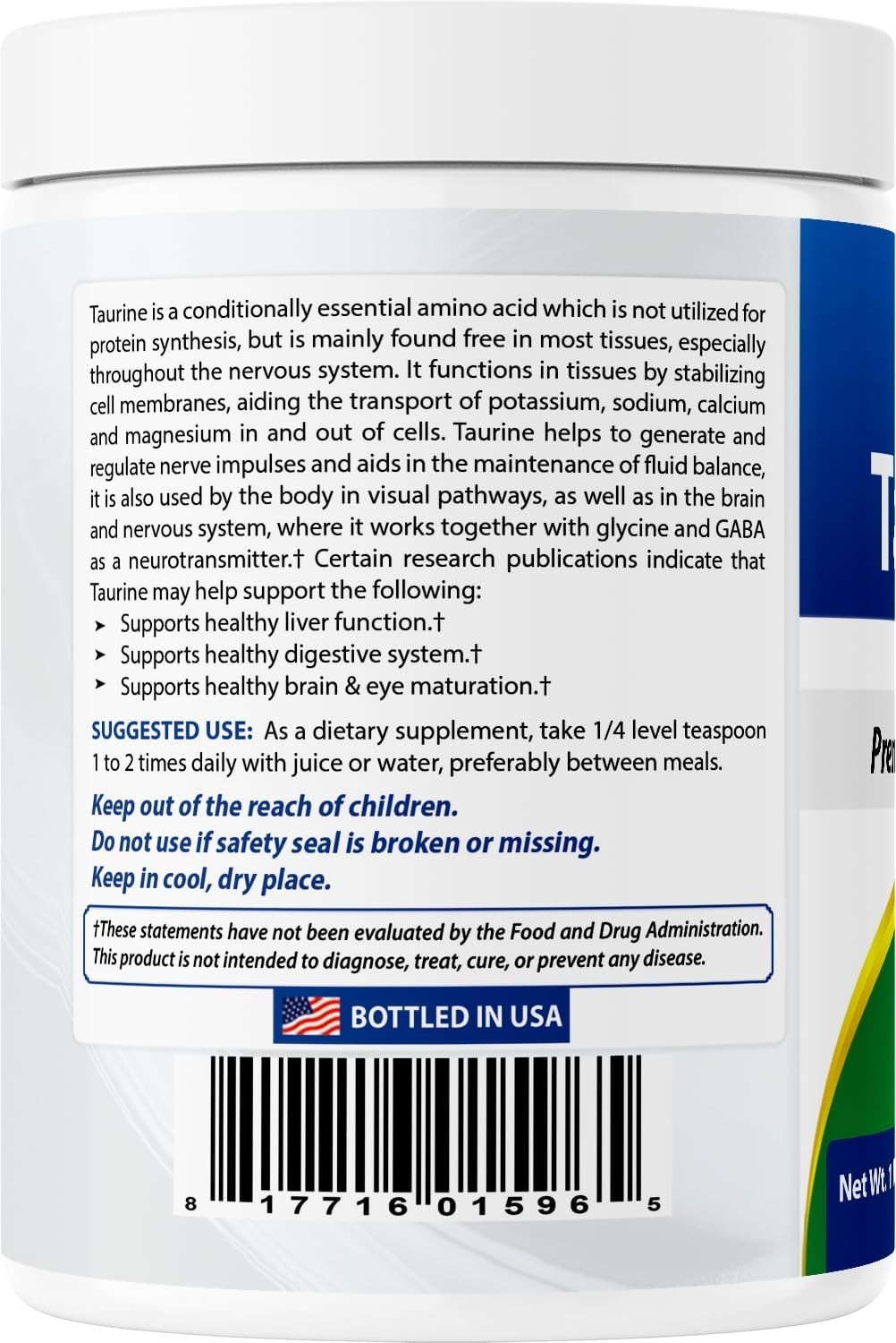 100% Pure Taurine Powder Free Form – Taurine 1000mg per Serving – 1 Lb 454 gm…