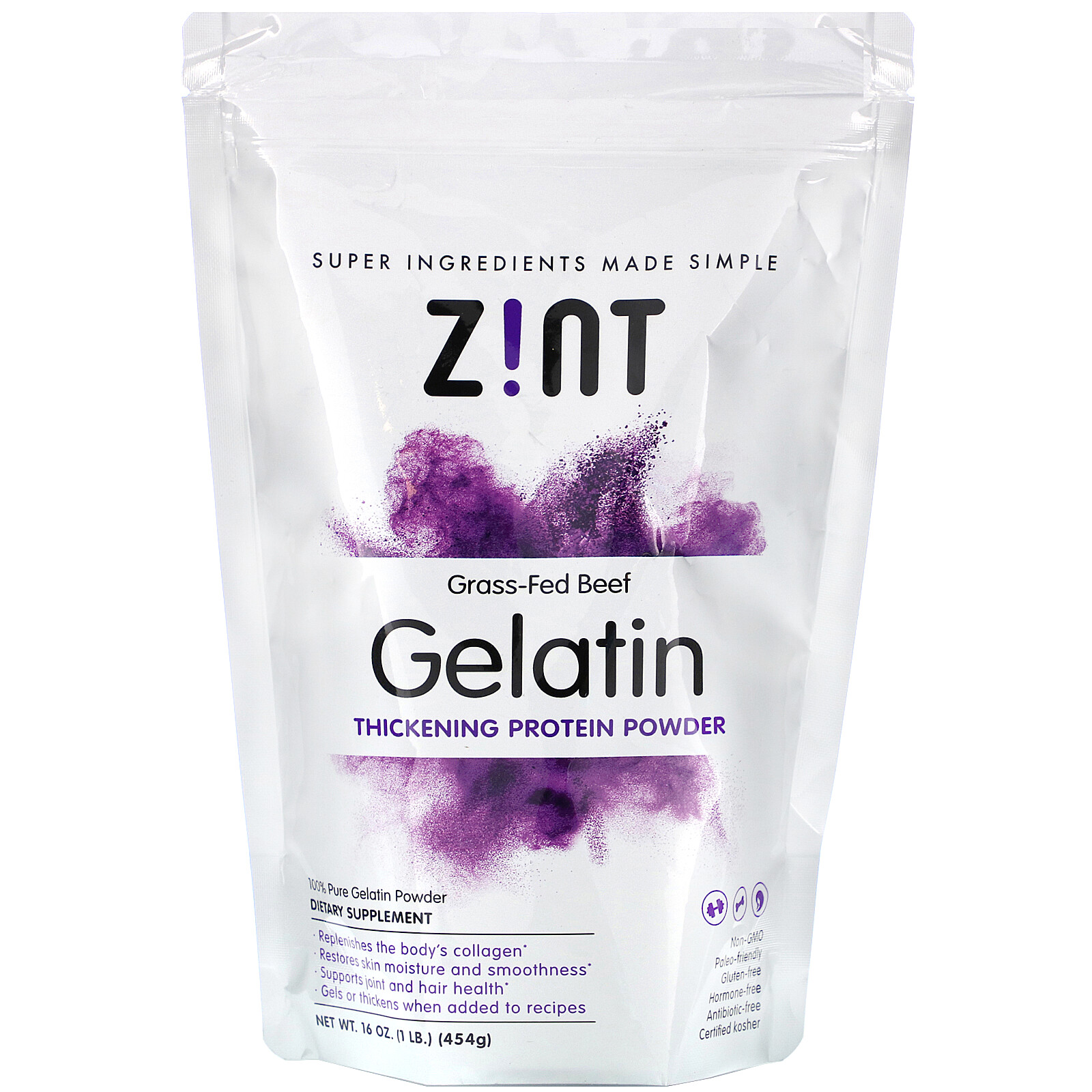 Zint Beef Gelatin Pure Protein 16 oz 454 g Dairy-Free, Gluten-Free, Grass-Fed,