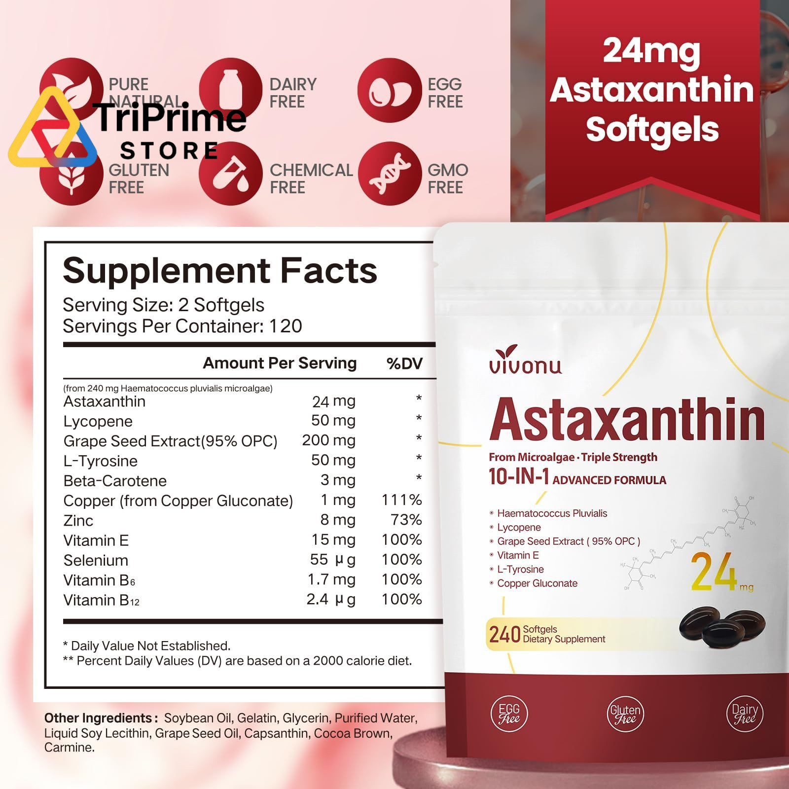 10 in 1 Astaxanthin 1 Count (Pack of 1), 24mg | 1 Bag | 240 Softgels