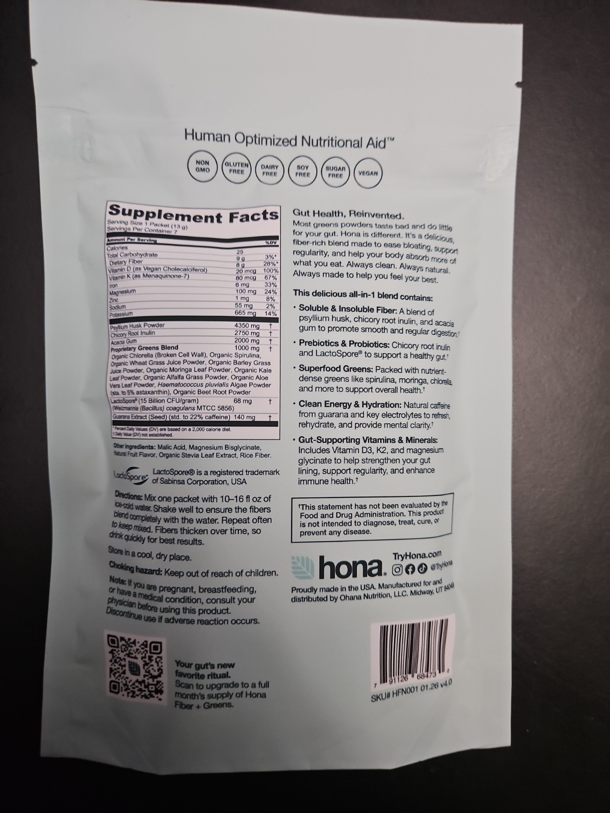 Hona Fiber + Greens Superfood Powder Probiotics Fiber 7 Servings 3.2 oz – New