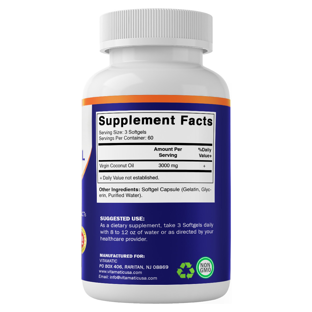 Vitamatic Virgin Coconut Oil Softgels, 3000 mg Per Serving, 60 Servings, 180 Cou