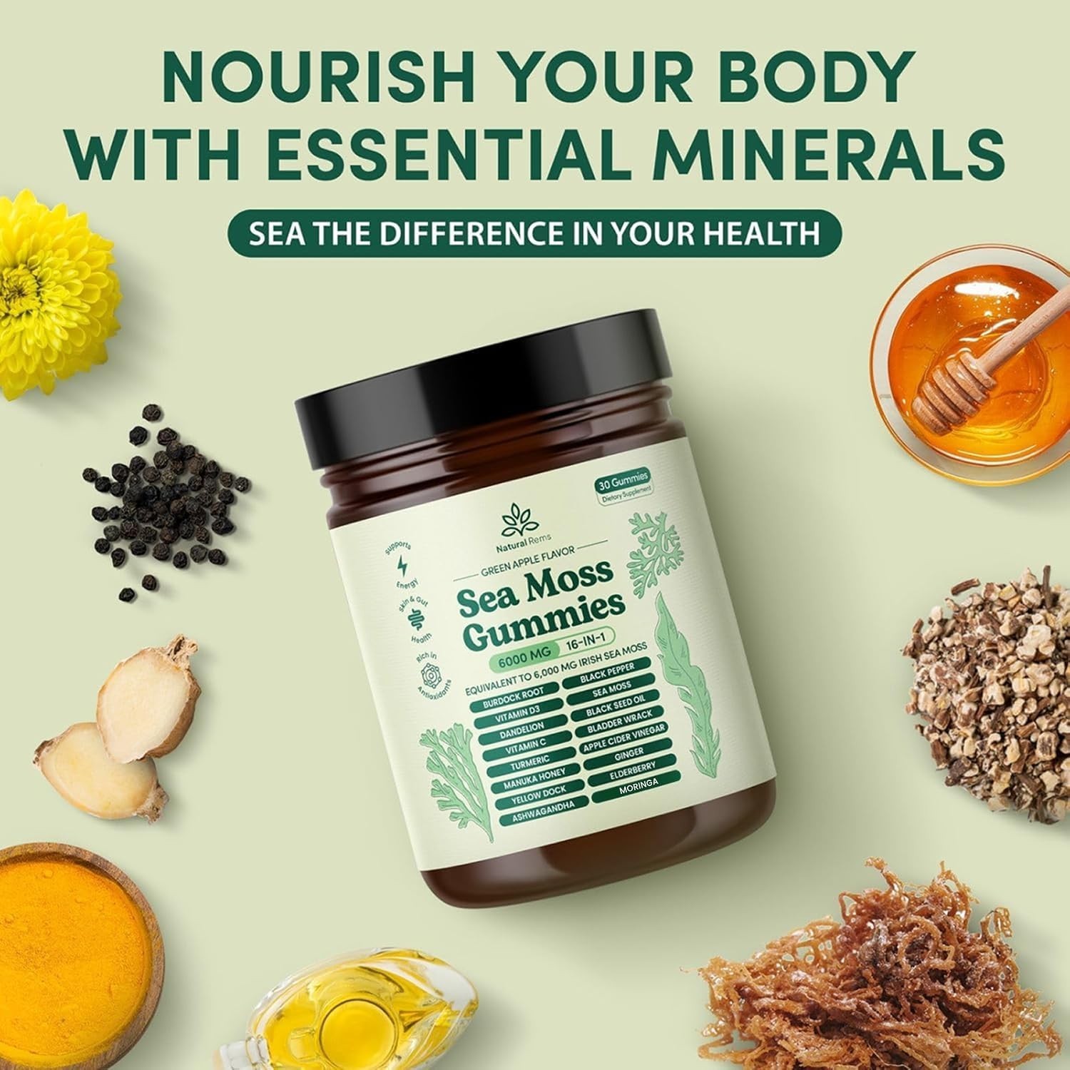 Natural Rems Sea Moss Gummies 16-in-1 w/ Ashwagandha Black Seed Green Apple