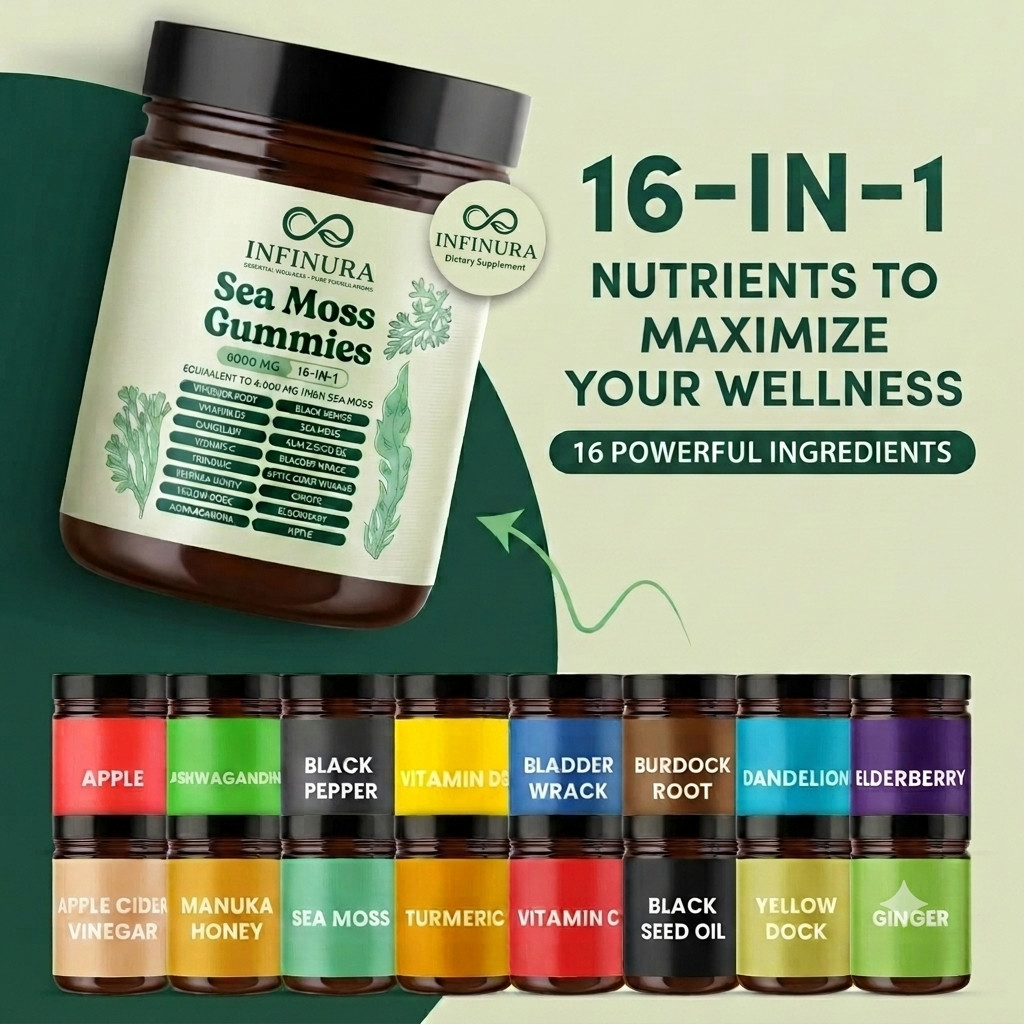 16-in-1 Irish Sea Moss Gummies 6000mg Green Apple Daily Wellness Supplement 30 C
