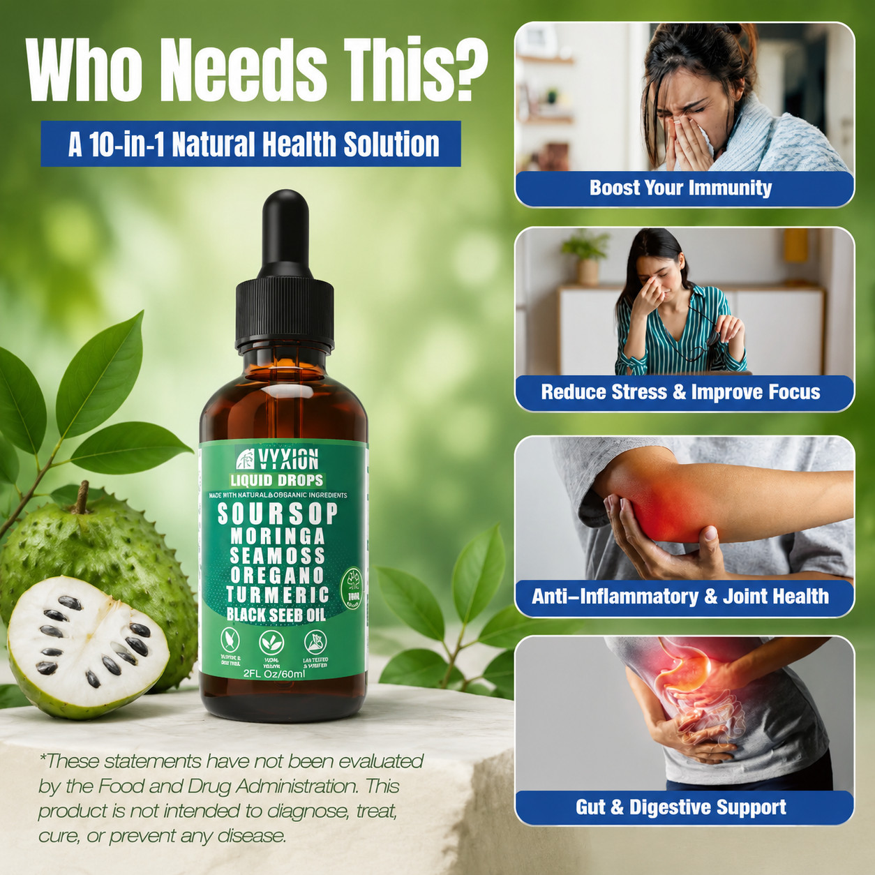 VYXION 10-in-1 Soursop Liquid Drops Seamoss Moringa Immune Gut Support 2oz