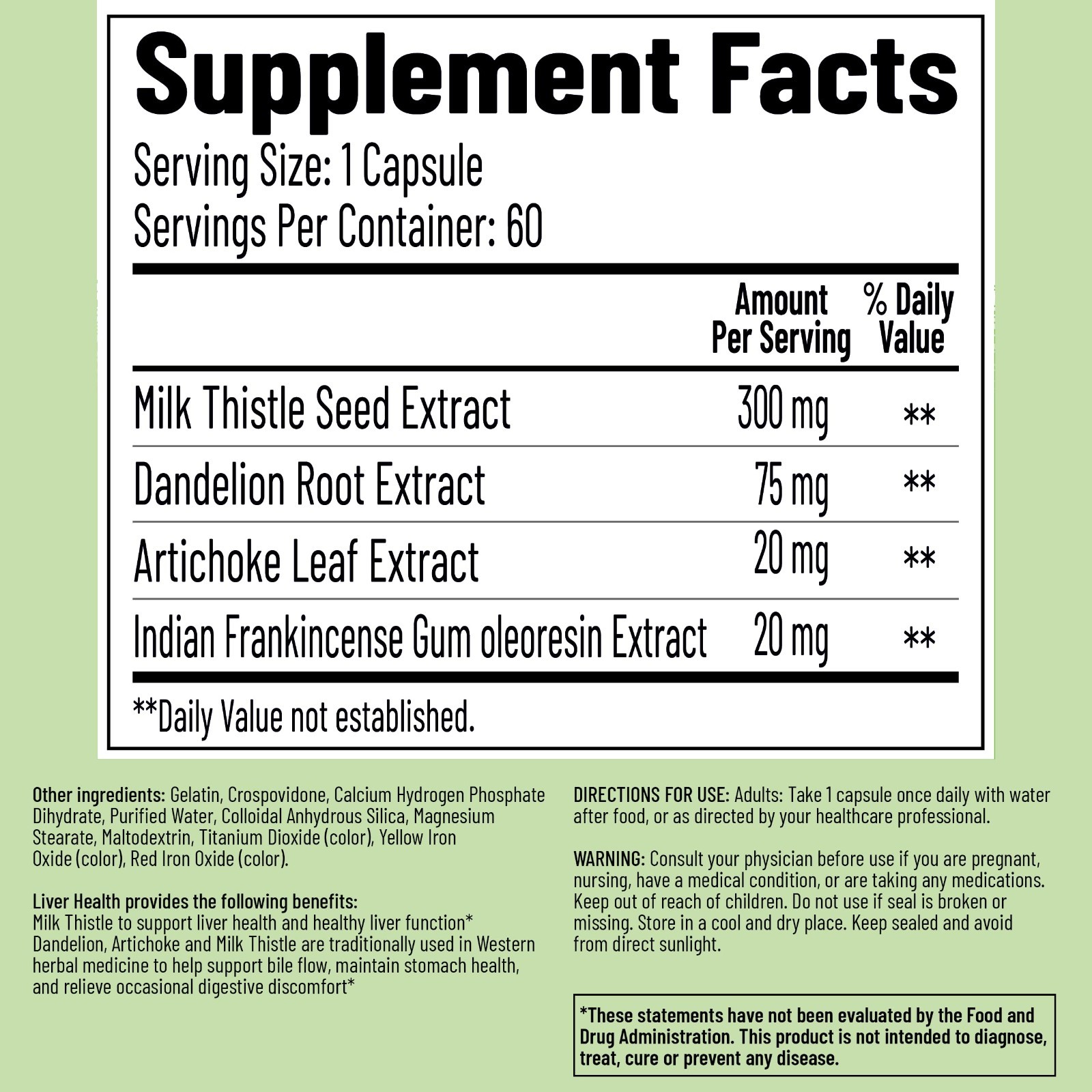 Liver Support Supplement – Milk Thistle 300mg, Dandelion, Artichoke, 60 Capsules