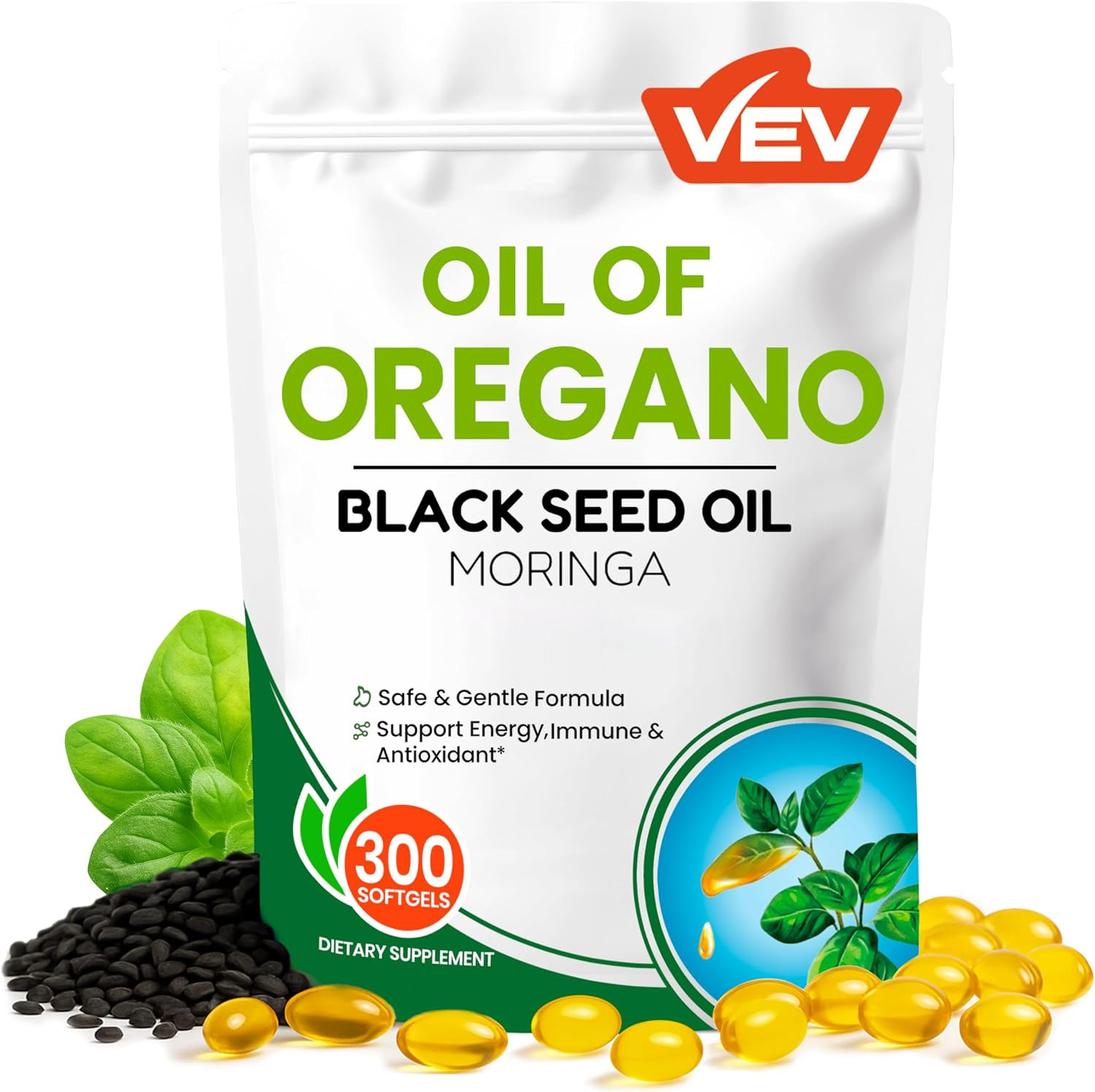 Oil of Oregano with Black Seed Oil & Moringa, Organic, 300 Softgels | Aceite De
