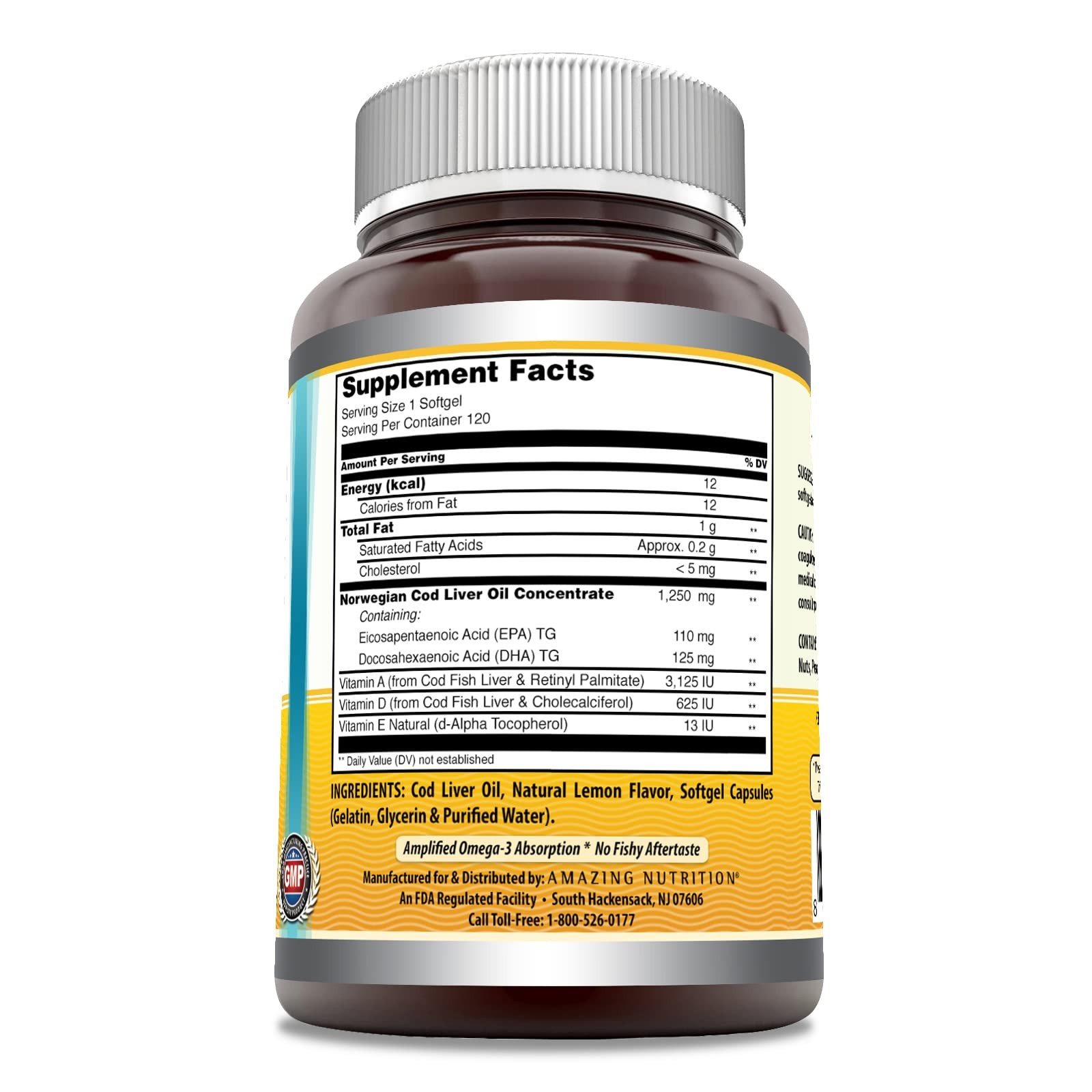 Norwegian Cod Liver Oil 1250Mg Softgels Non Gmo Gluten Free 120 Count