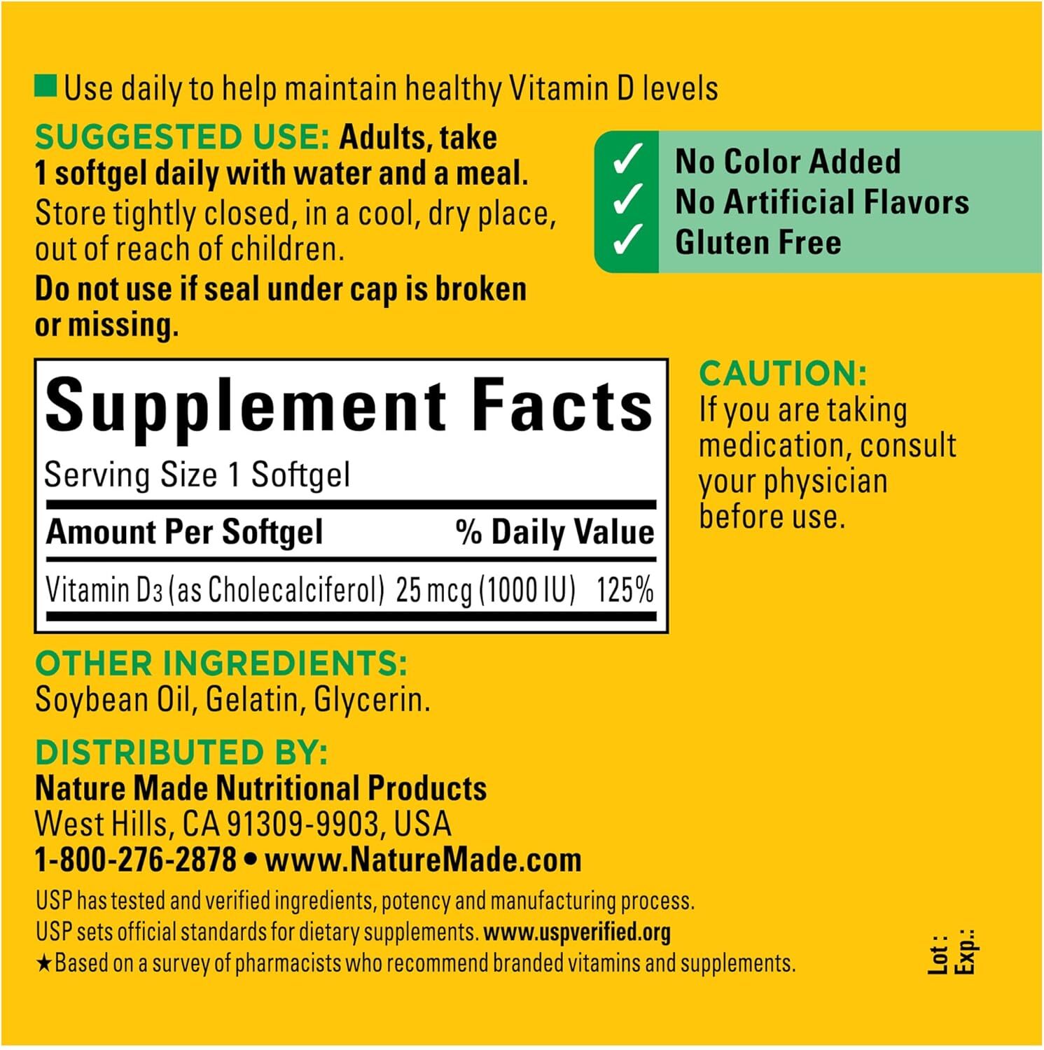 Nature Made Vitamin D3 1000 IU (25 mcg), Dietary 300 Count (Pack of 1)