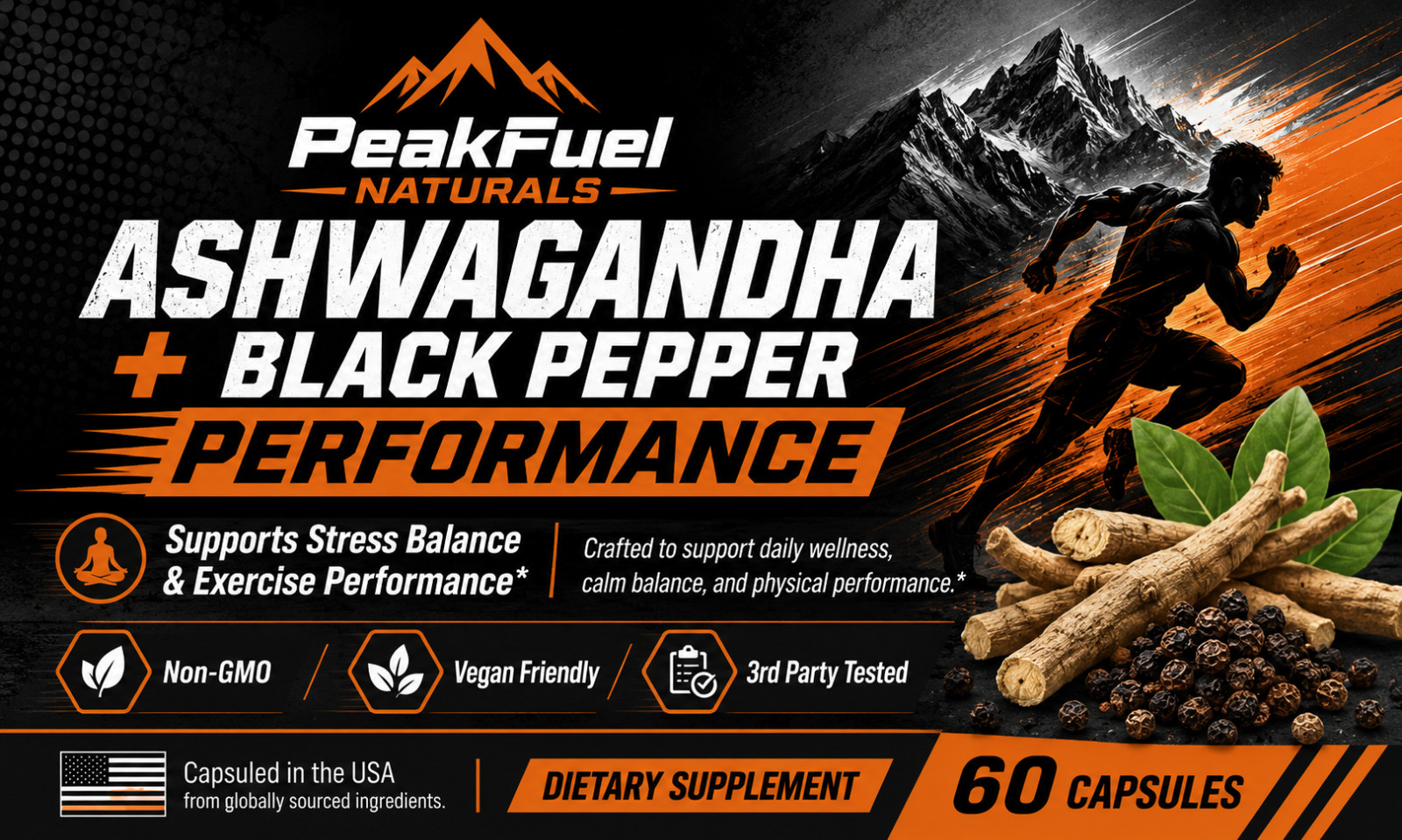 Ashwagandha Black Pepper Performance 60 Capsules Stress Support Vegan Non-GMO
