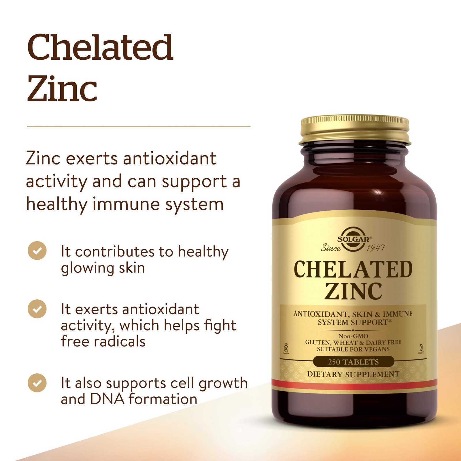 Solgar Chelated Zinc, 250 Tablets – 250 Count (Pack of 1), Standard Packaging